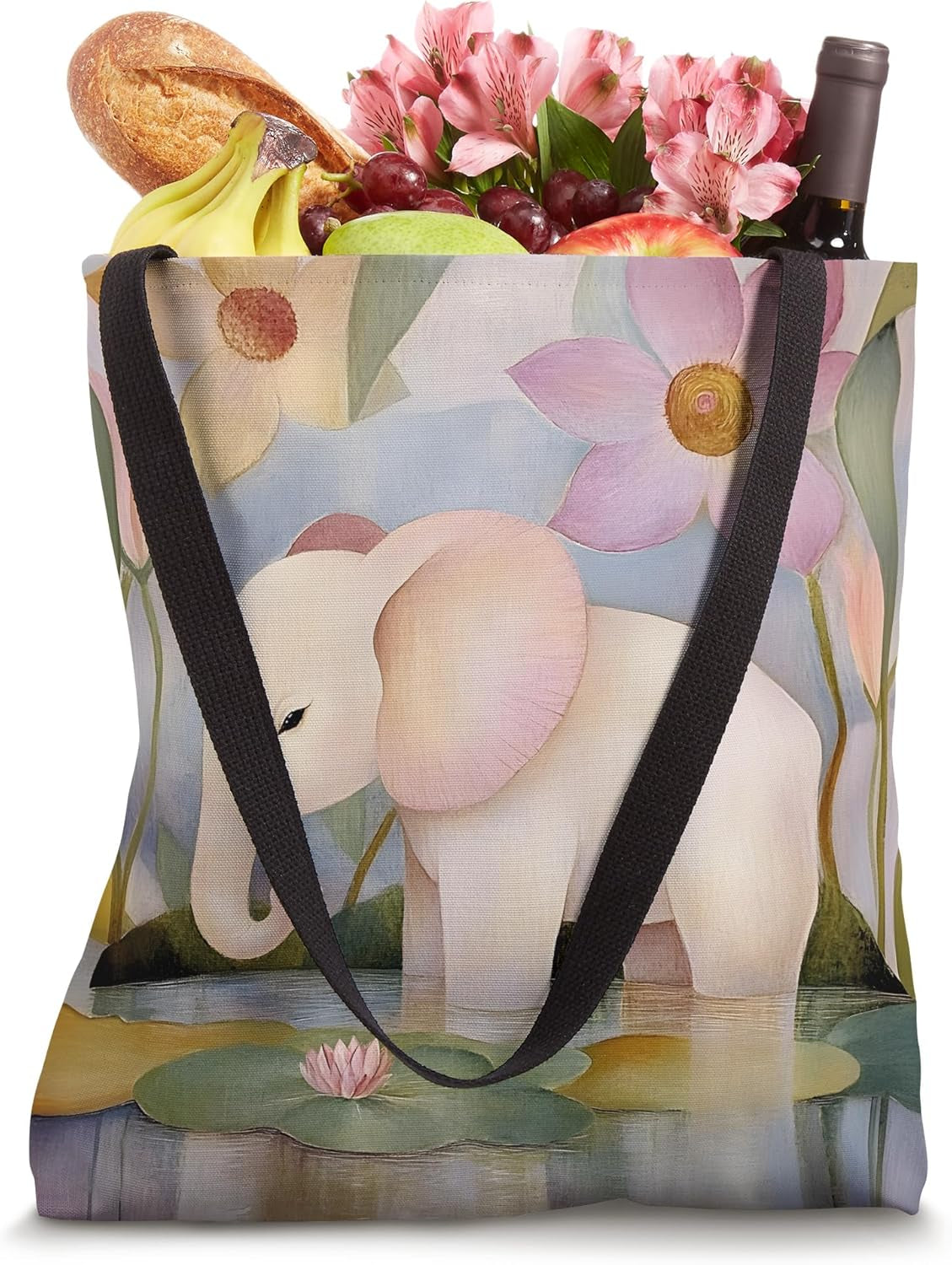 Whimsical Baby Elephant in Soft Jungle Flowers Lily Pads Tote Bag