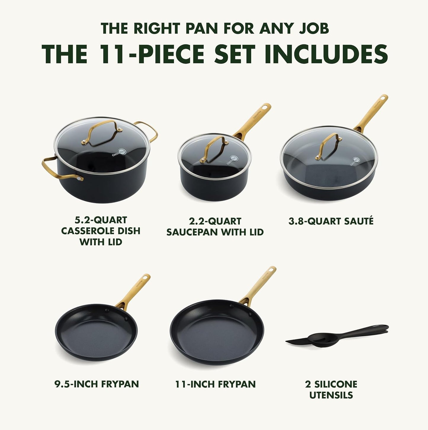 Greenpan Deco Hard Anodized Healthy Ceramic Nonstick 11 Piece Cookware Pots and Pans Set, Frying Pans Saucepan Saute, Tempered Glass Lids, Silicone Utensils, Dishwasher & Oven Safe, Pfas-Free, Black