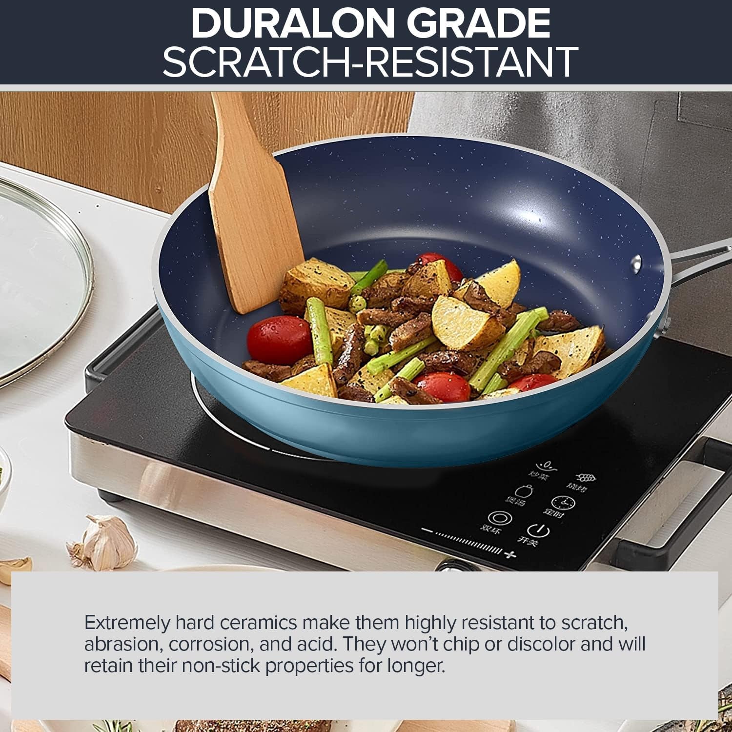 Nuwave 7Pc Cookware Set Healthy Duralon Blue Ceramic Nonstick Coated, Diamond Infused Scratch-Resistant, PFAS Free, Oven Safe, Induction Ready & Evenly Heats, Tempered Glass Lids & Stay-Cool Handle