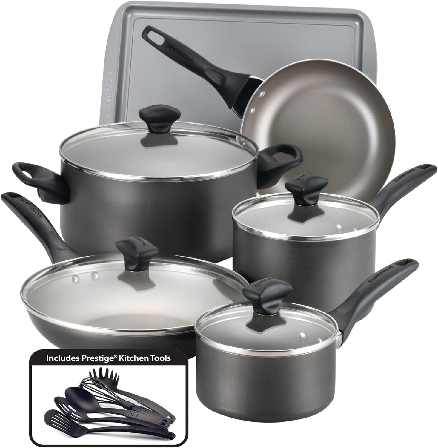 Farberware Dishwasher Safe Nonstick Cookware Pots and Pans Set, 15 Piece, Pewter