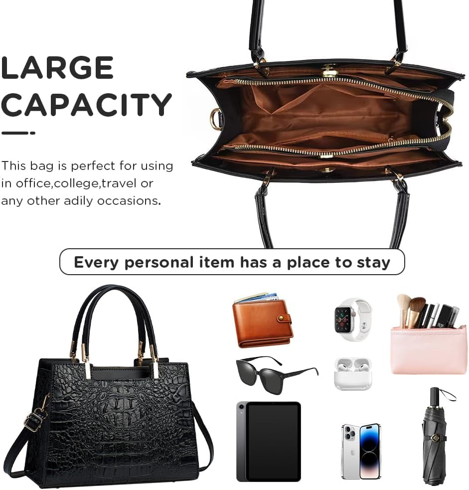 Women'S PU Leather Black Handbag - Crocodile Texture Tote Bag for Women with Top Handles and Adjustable Shoulder Strap, Stylish Satchel for Daily Use and Work