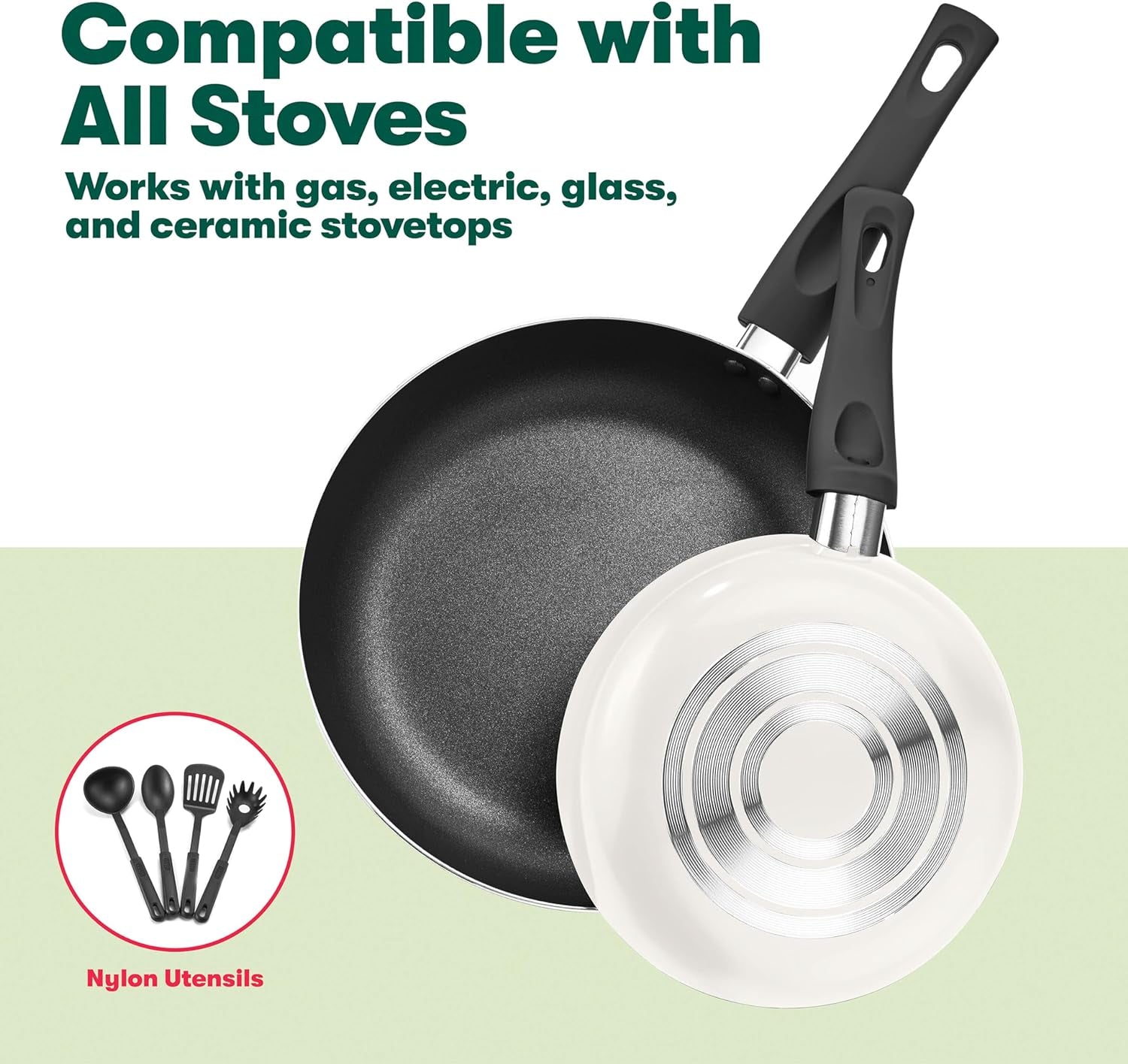 BELLA Cookware Set, 12 Piece Pots and Pans with Utensils, Nonstick PFOA Free Scratch Resistant Cooking Surface Compatible with All Stoves, Nylon and Aluminum, Black