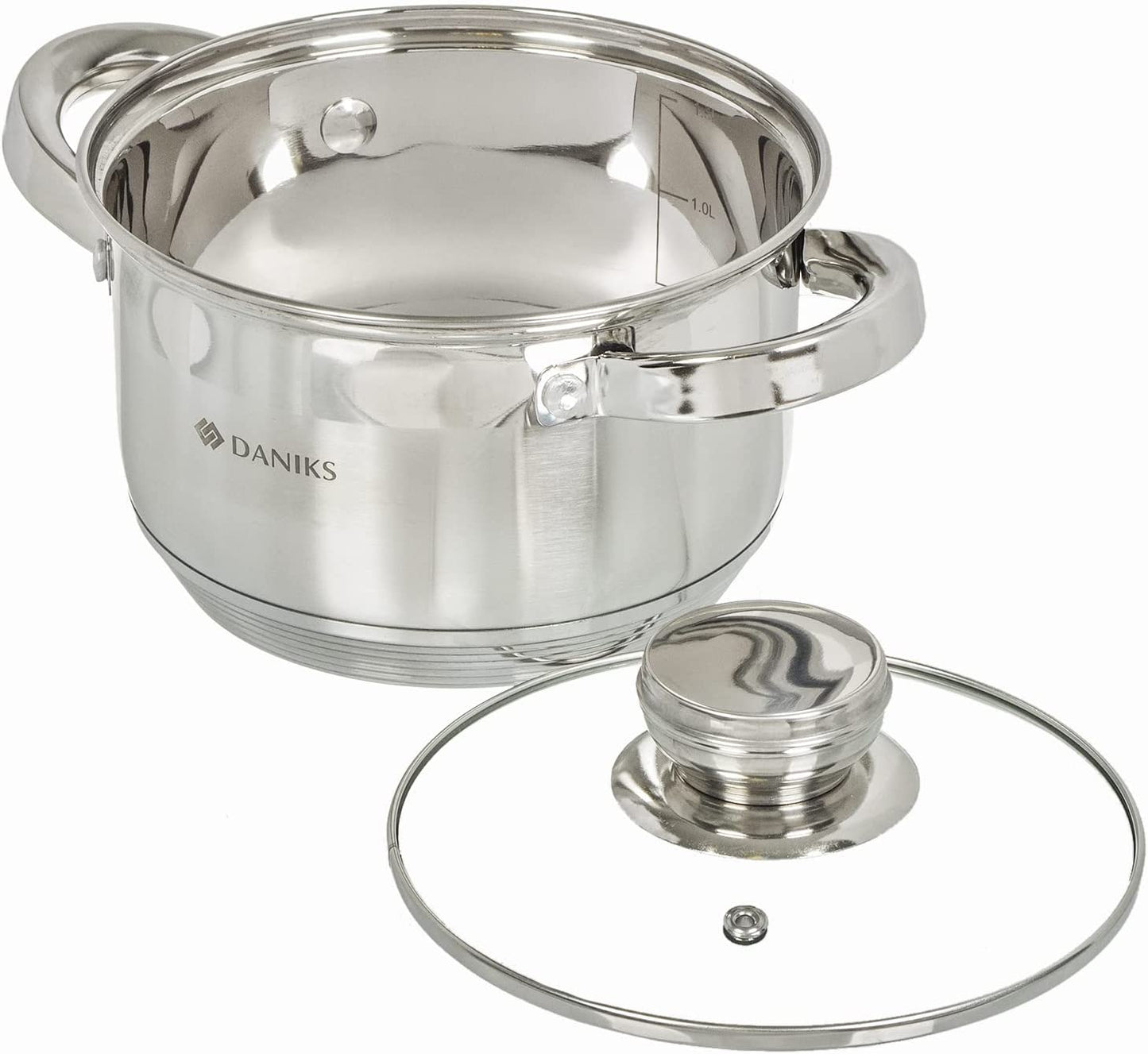 Daniks Standard Stainless Steel Kitchen Induction Pot Cookware Set | 6-Piece | Dishwasher Safe Pots | 2 Quart + 3 Quart + 4 Quart | Measuring Scale | Silver