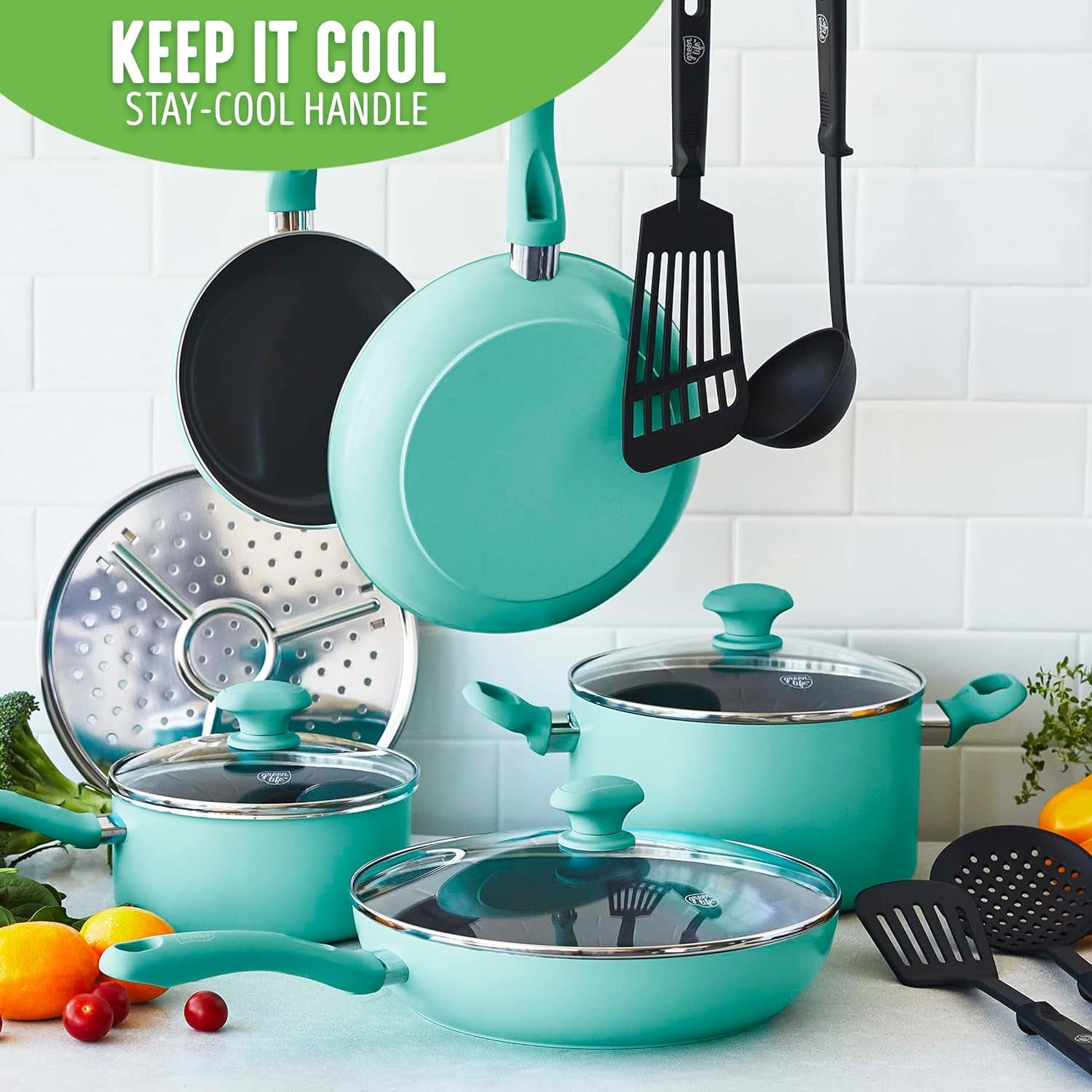 Greenlife Soft Grip Diamond Healthy Ceramic Nonstick 13 Piece Cookware Pots and Pans Set, Pfas-Free, Dishwasher Safe, Turquoise, Diamond Cookware