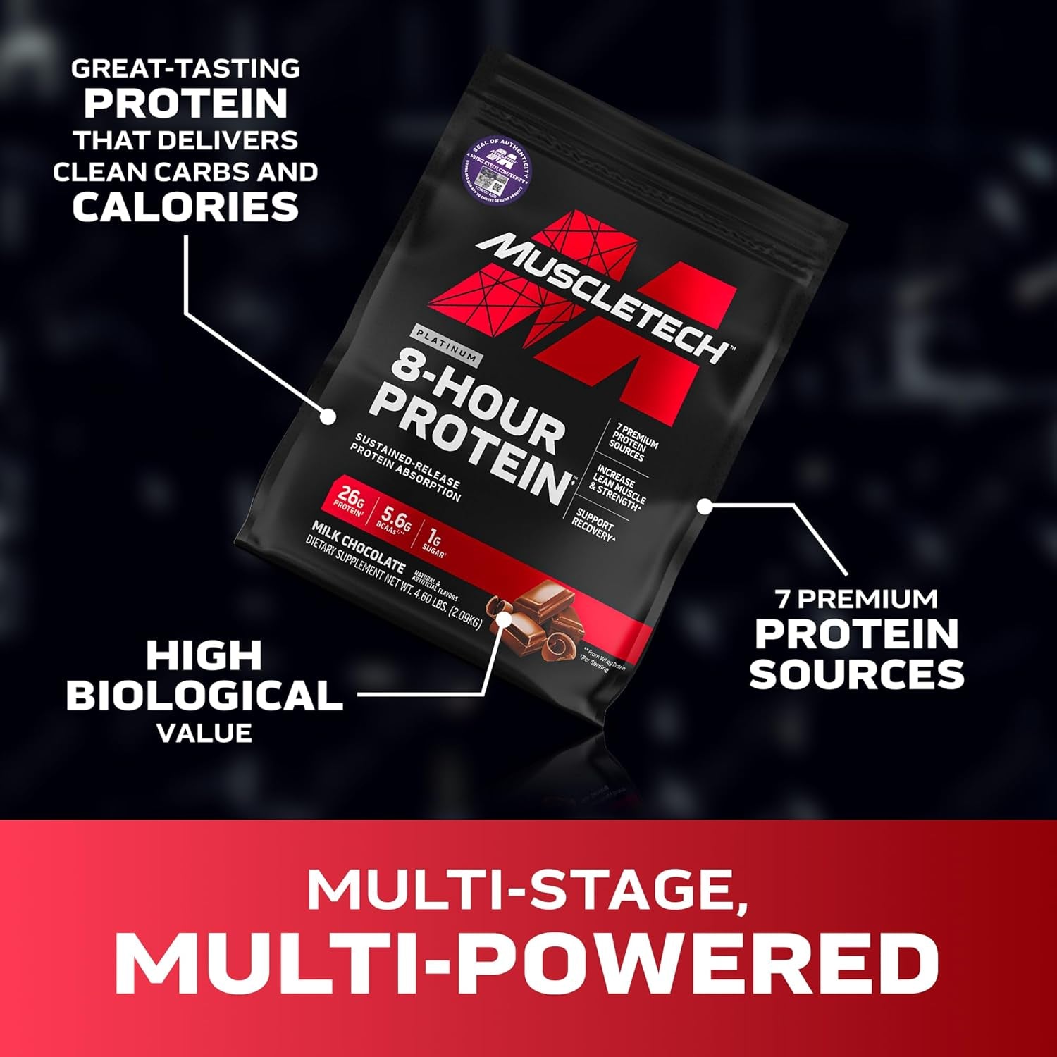 Muscletech Platinum 8-Hour Protein Powder - 7 Premium Protein Sources with Whey & Casein Protein for Increased Lean Muscle, Strength & Improved Recovery - Milk Chocolate, 50 Servings
