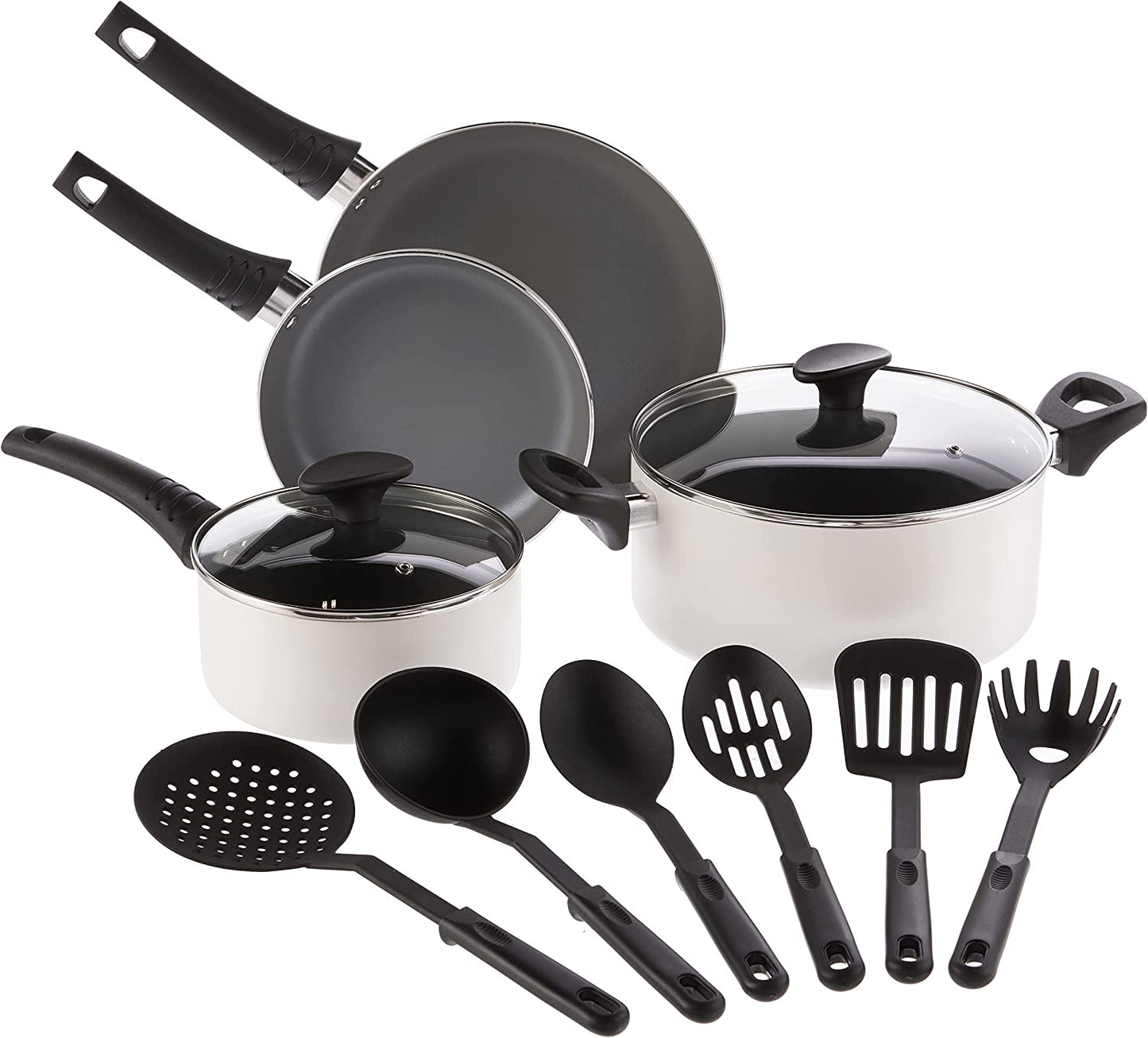 BELLA Cookware Set, 12 Piece Pots and Pans with Utensils, Nonstick PFOA Free Scratch Resistant Cooking Surface Compatible with All Stoves, Nylon and Aluminum, Black