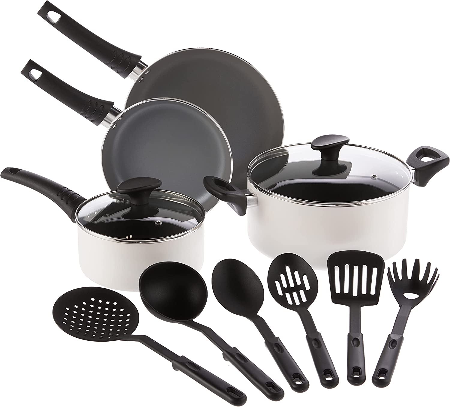 BELLA Cookware Set, 12 Piece Pots and Pans with Utensils, Nonstick PFOA Free Scratch Resistant Cooking Surface Compatible with All Stoves, Nylon and Aluminum, Cream