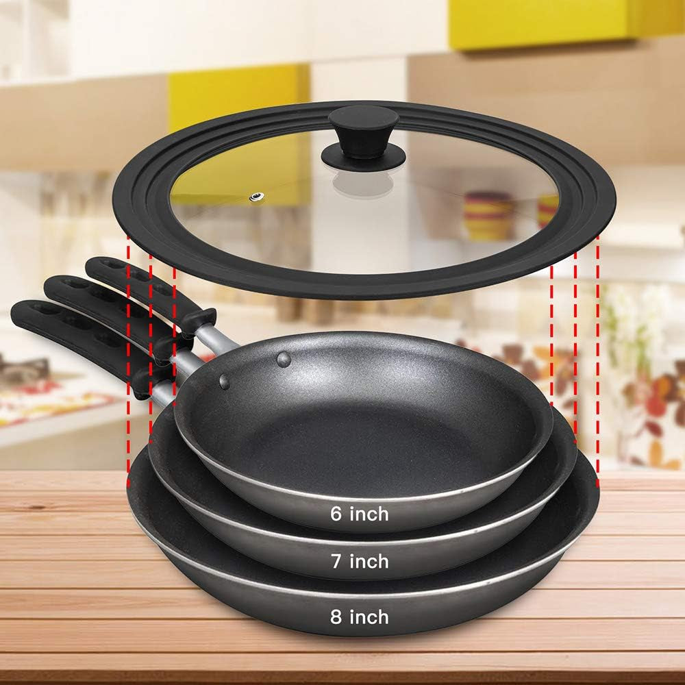 Universal Lid for Pots,Pans and Skillets - Tempered Glass with Heat Resistant Silicone Rim Fits 6", 7" and 8" Diameter Cookware,Black