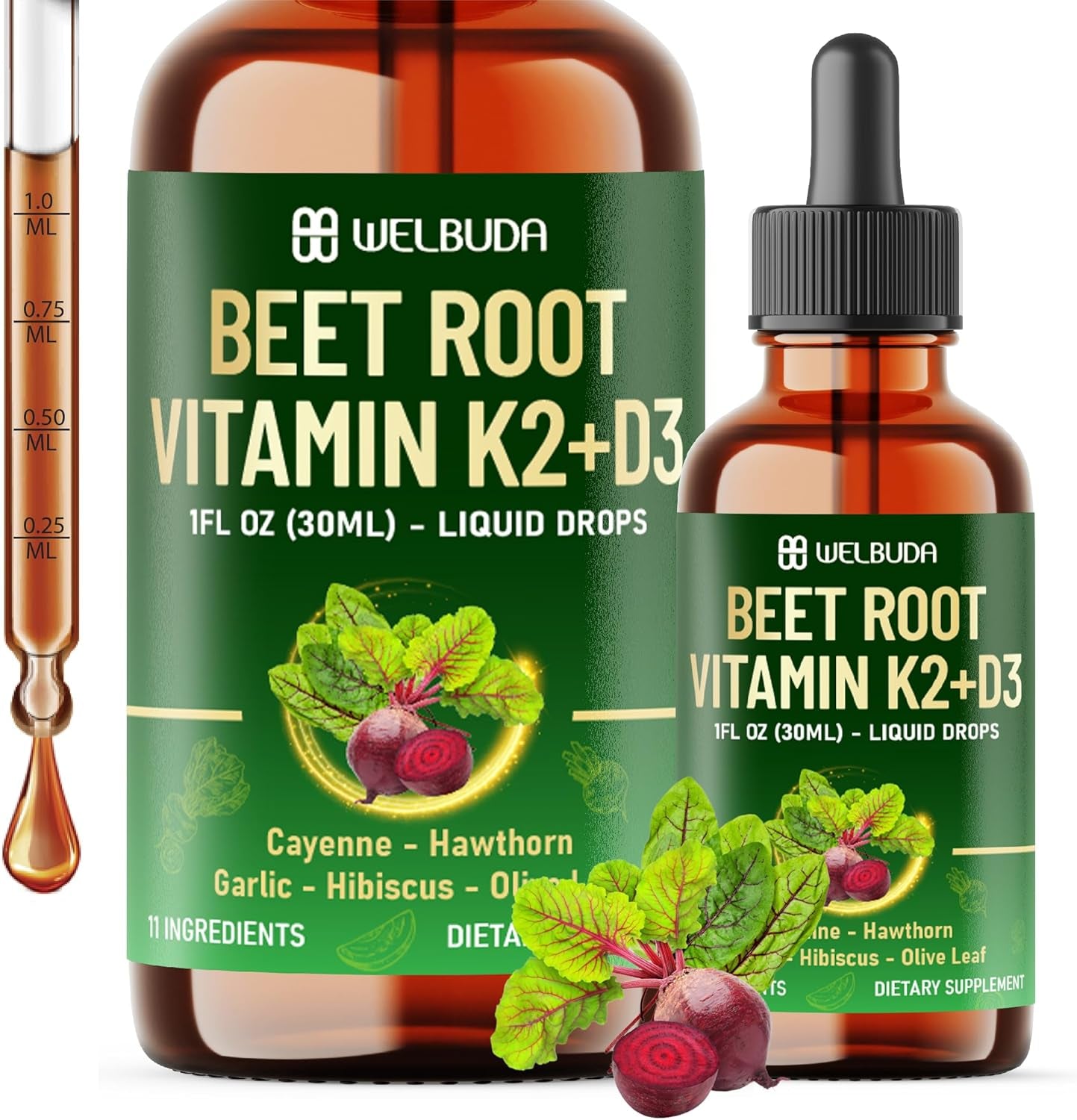 11In1 Beet Root Liquid Supplement - for Support Immune, Energy - with Vitamin D3, Vitamin K2, Hawthorn Berry, Cayenne Pepper, Garlic, Hibiscus, Olive, Red Spinach, Green Tea - 1 FL Oz - 30 Servings