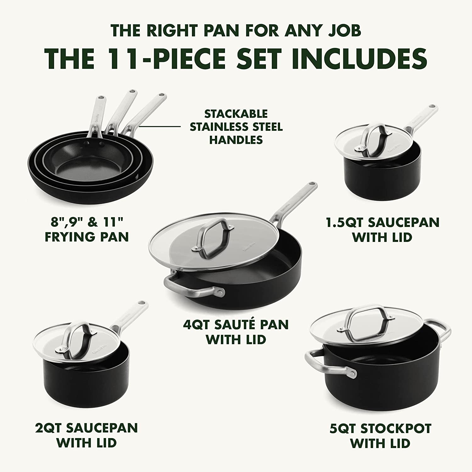 Greenpan Omega Hard Anodized Advanced Healthy Ceramic Nonstick, 11 Piece Cookware Pots and Pans Set with Glass Lids, Anti-Warping Induction Base, Dishwasher Safe, Oven & Broiler Safe, Black