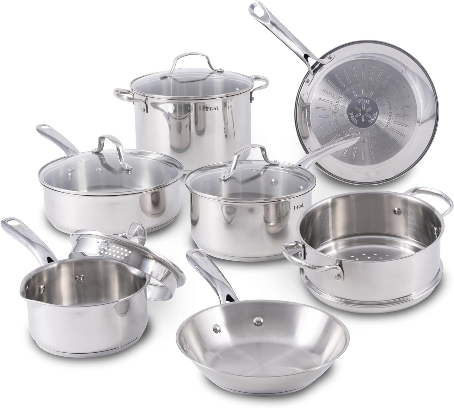 T-Fal Stainless Steel Cookware Set 11 Piece, Induction, Oven Broiler Safe 500F, Kitchen Cooking Set W/ Fry Pans, Saucepans, Saute Pan, Dutch Oven, Steamer, Pots and Pans, Dishwasher Safe, Silver