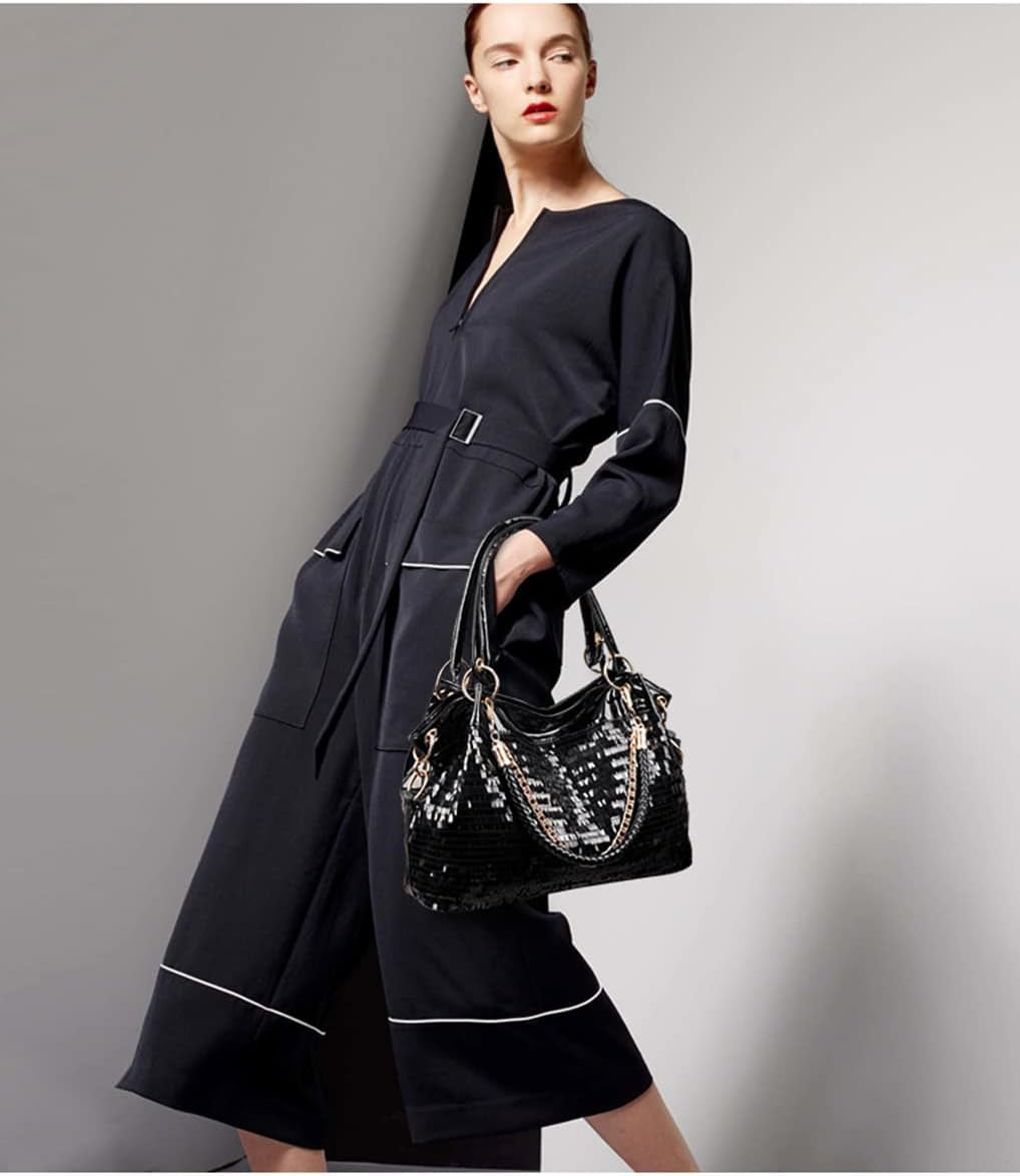 Women Patent Hobos Shiny Top-Handle Bags Chain Handbags Large Shoulder Bags for Ladies Sequin Purse