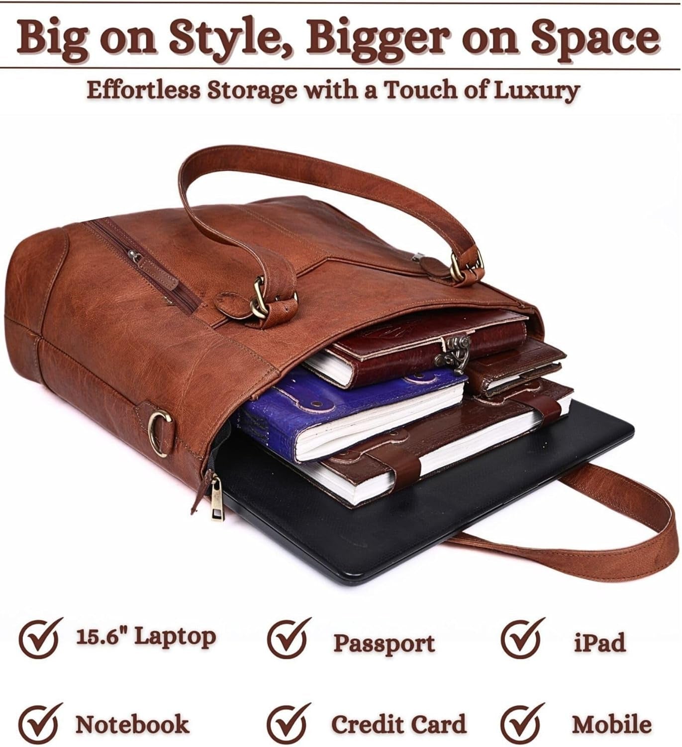 17-Inch Large Leather Tote Bag for Women Genuine Brown Leather Laptop Bag with Zipper Professional Briefcase, Computer Tote for Work, Business, Travel, & Daily Use