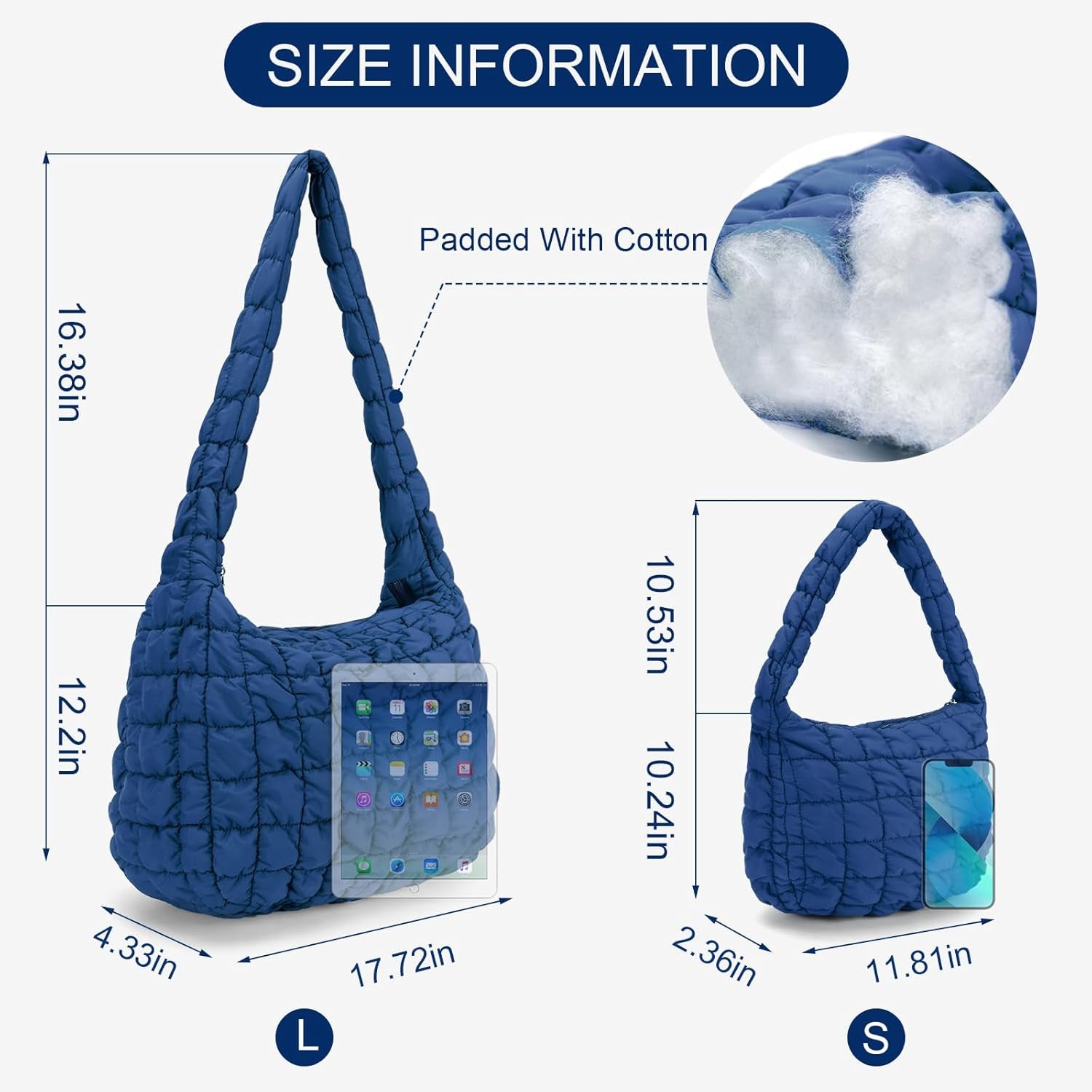 YFGBCX Quilted Tote Bag for Women Puffer Bag Quilted Bag Lightweight Puffy Tote Bag Quilted Padding Shoulder Bag Padded Hobo Crossbody Bag Zip Closure A09-Blue