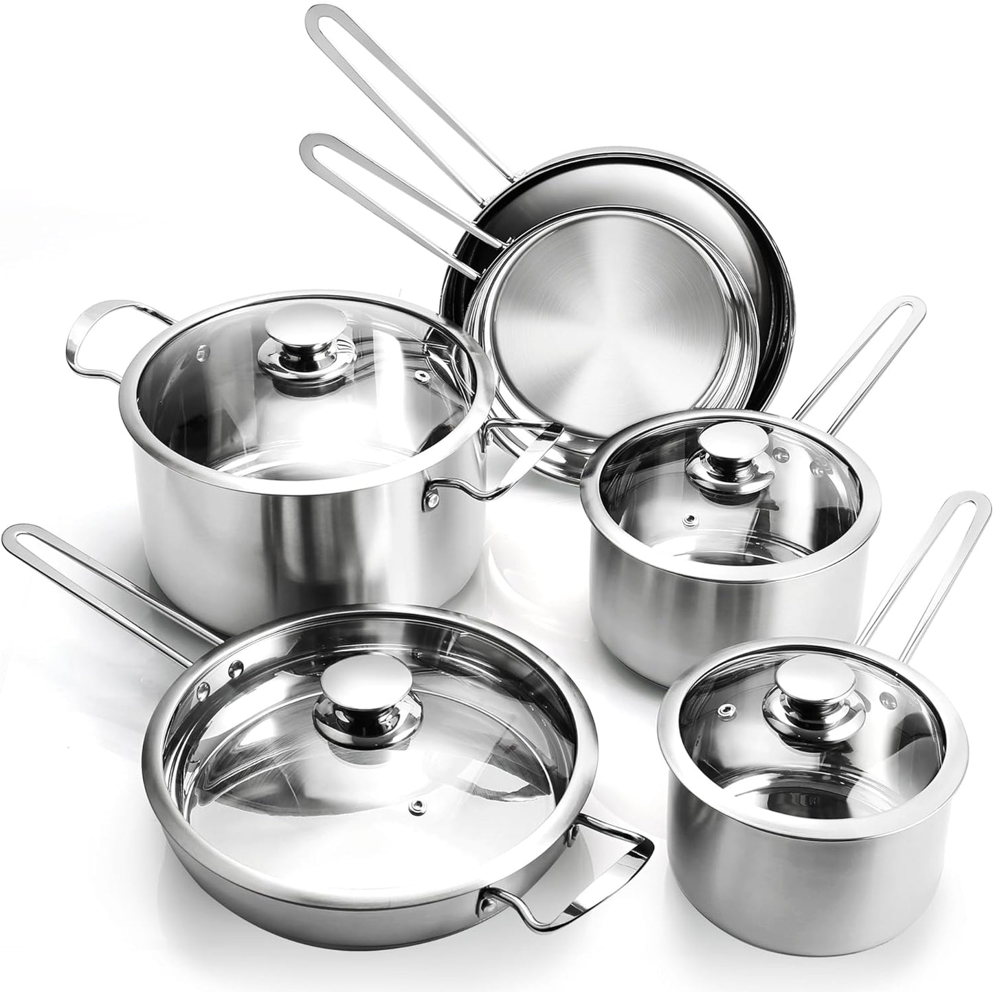 10-Piece Pots and Pans Set Stainless Steel Kitchen Cookware Sets Classic Cooking Set, Induction Pots and Pans with Lids, Frying Pans & Saucepan Compatible with All Cooktops(Gas, Electric & Induction)