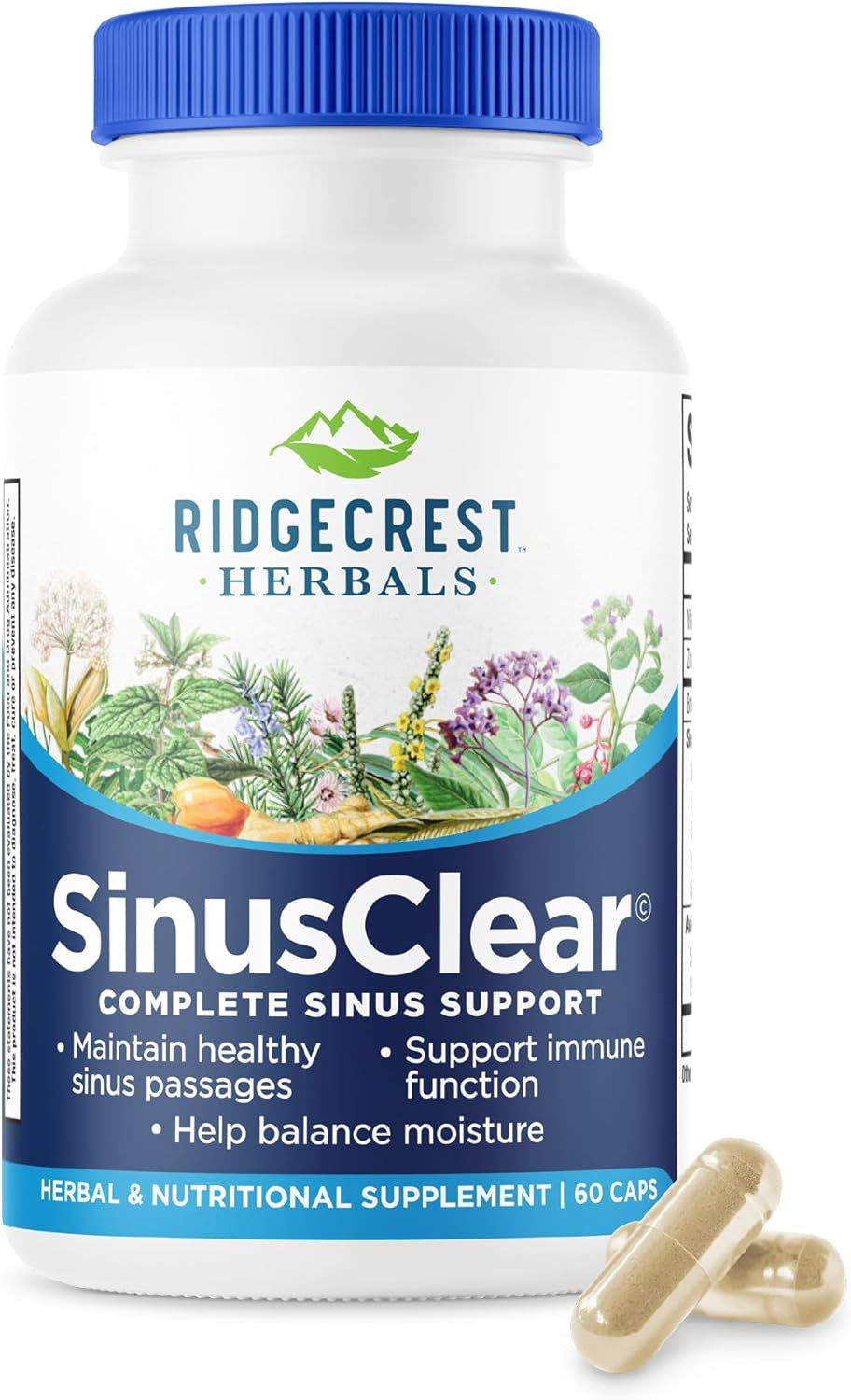 Ridgecrest Herbals Sinusclear, Complete Formula for Sinus and Nasal Health with Mullein Leaf, Bromelain, Vitamin C, and Zinc, for Healthy Mucus, Immune & Respiratory Support, (60 Veg Caps, 30 Serv)