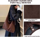 2PCS Brown Suede Bags for Women - Trendy Adjustable Strap Hobo Tote Shoulder Handbag, Fall Winter Faux Suede Purse with Pouch