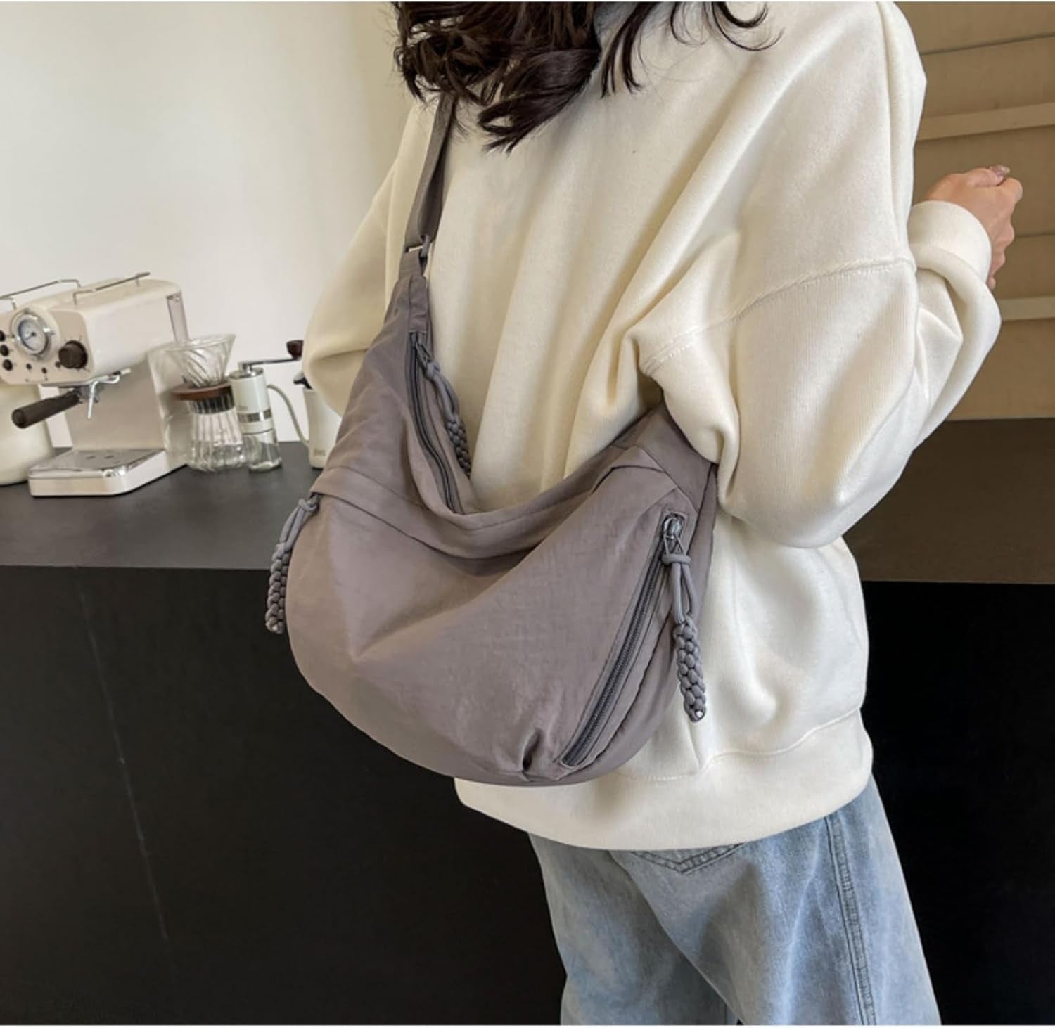 Nylon Corduroy Crossbody Bag Braided Zip Multi-Pocket Crescent Women Men Shoulder Bag Sling Hobo Dumpling Bag