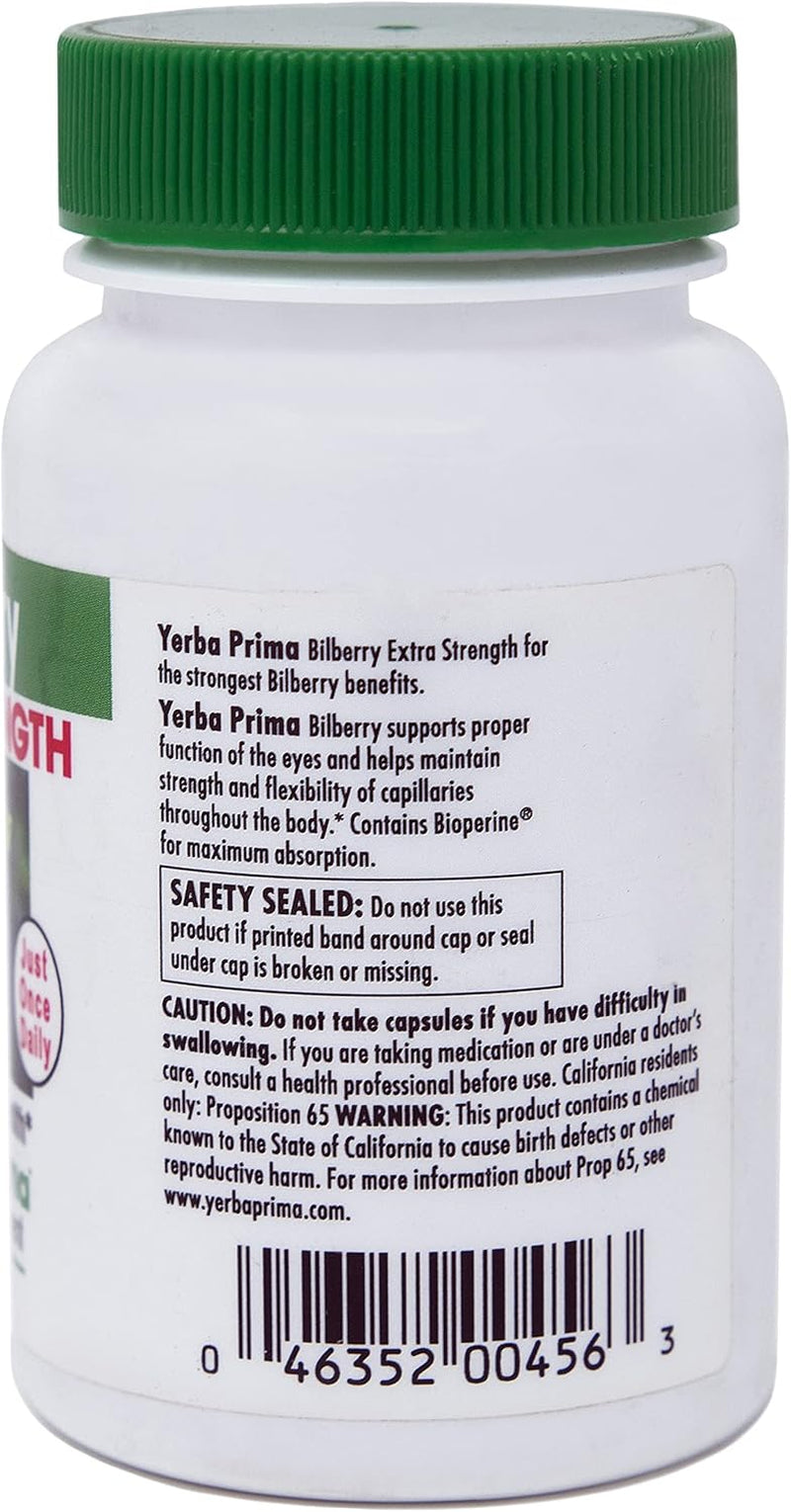 Yerba Prima Bilberry Extra Strength, 50 Caps - Maximum Absorption, Convenient One Pill a Day, USA Made, Promotes Eye Health, over 30 Years of Research, a Brand You Can Trust