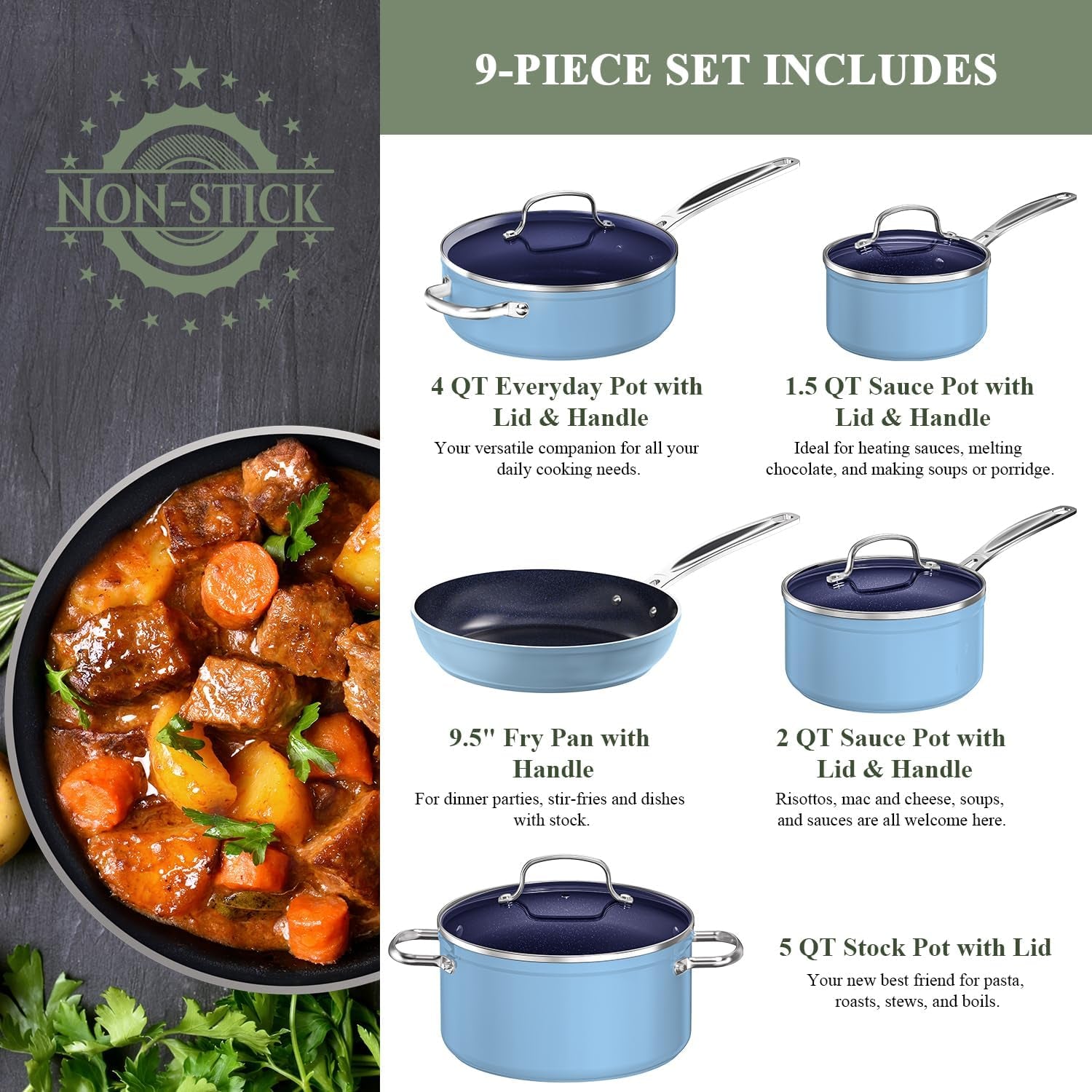 Nuwave 9Pc Cookware Set Healthy Duralon Blue Ceramic Nonstick Coated, Diamond Infused Scratch-Resistant, PFAS Free, Oven Safe, Induction Ready & Evenly Heats, Tempered Glass Lids & Stay-Cool Handle