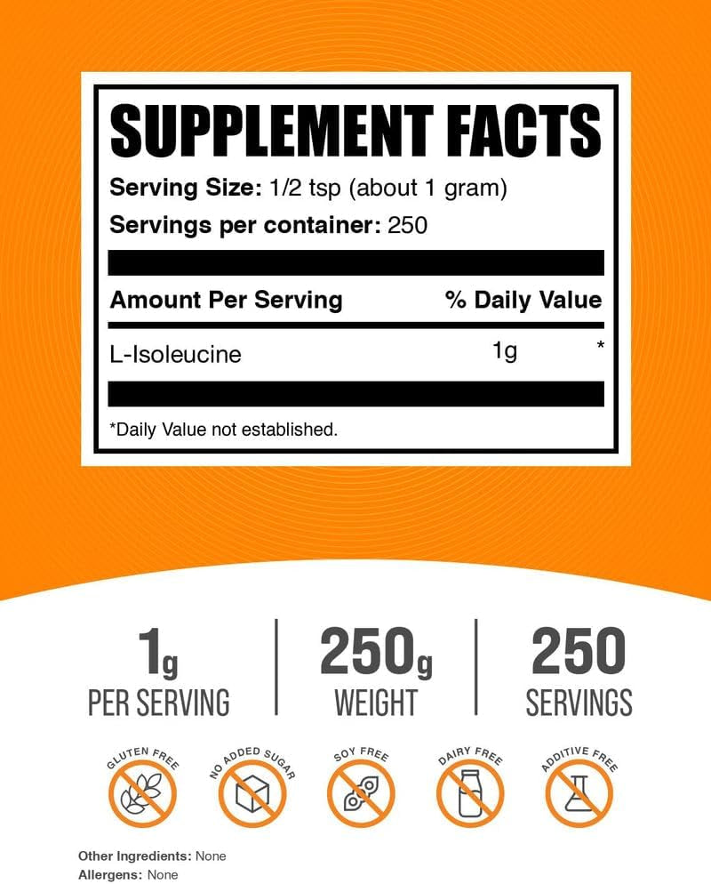 Bulksupplements.Com L-Isoleucine Powder - BCAA Powder, Amino Acid Nutritional Supplement - Vegan & Gluten Free, 1G per Serving, 250G (8.8 Oz) (Pack of 1)