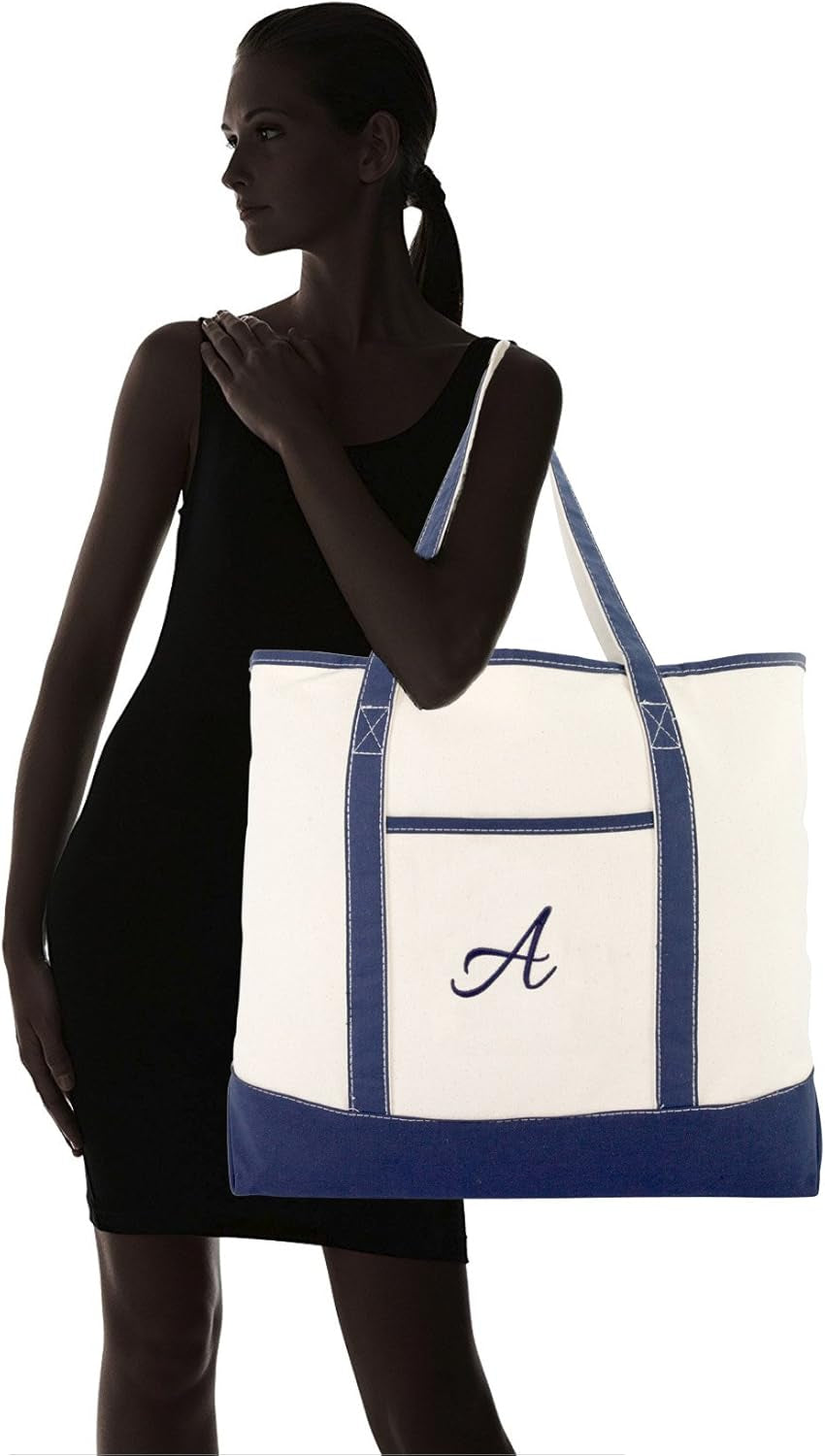 DALIX Personalized Tote Bag for Women Monogram Initial Open Top Navy Blue A-Z