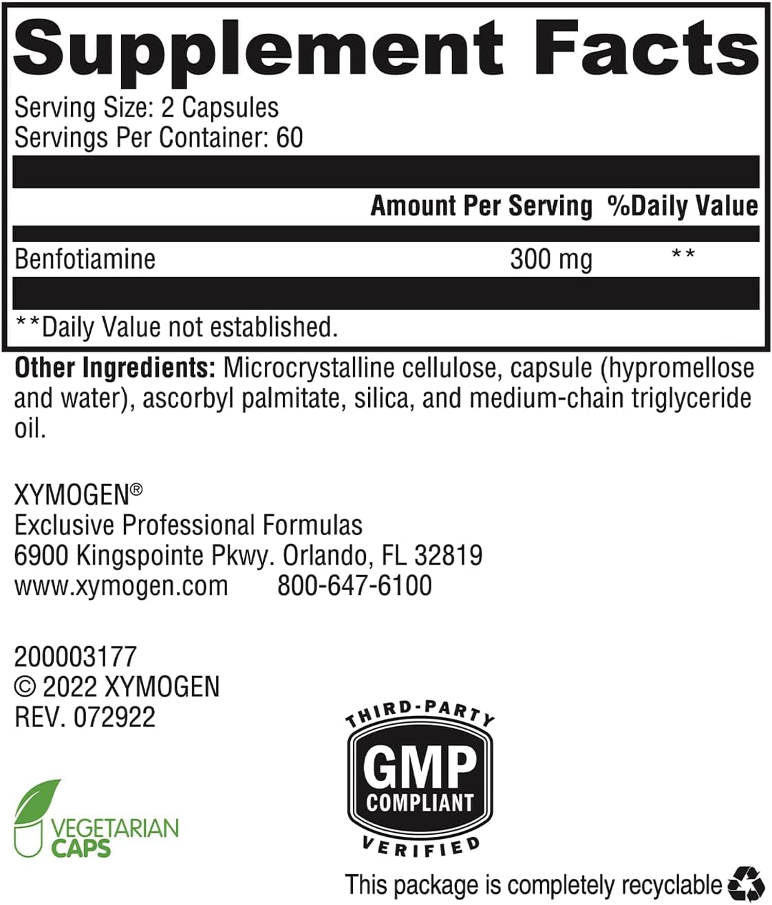 XYMOGEN Benfotiamine 300Mg - Highly Bioavailable Thiamine B1 Supplement Derivative to Support Metabolic, Nerve + Vascular Health (120 Capsules)