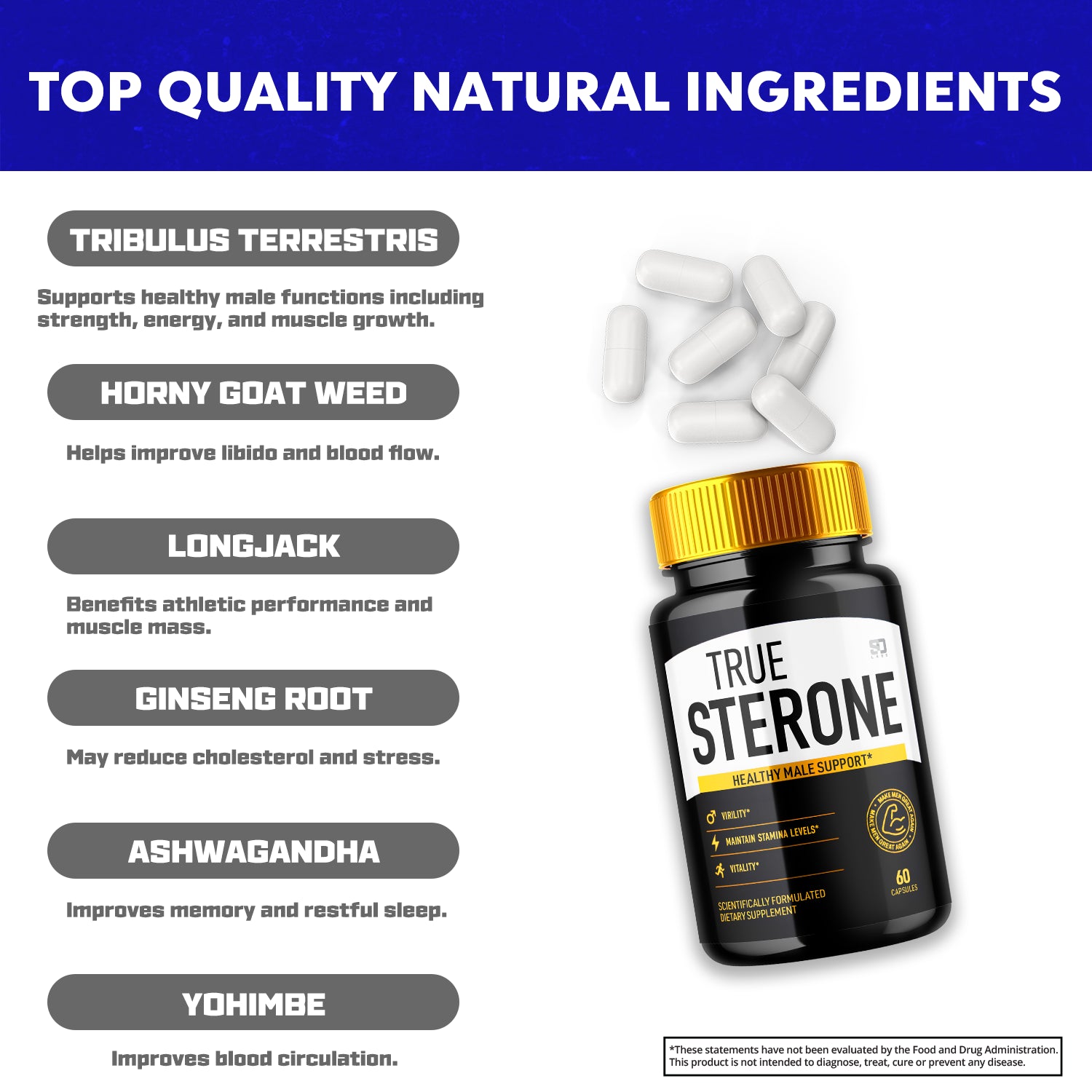 True Sterone Male Pills - Enhances Stamina and Supports Vitality 60 Capsules