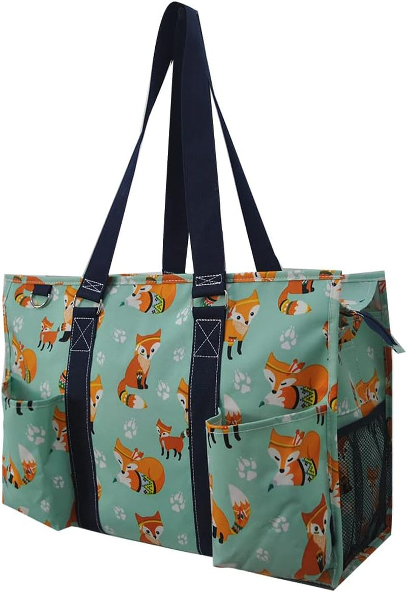NGIL Zip-Top Organizing Utility Tote Bag with Exterior Pockets for Working Women, Teachers, Nurses, and Moms, Design in USA (Fox Life-Navy)