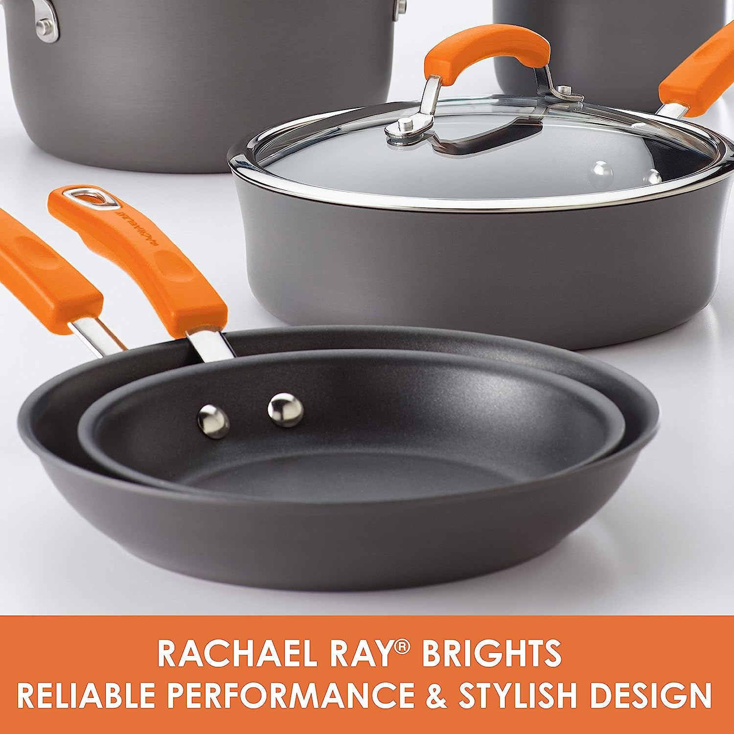 Rachael Ray Brights Hard-Anodized Aluminum Nonstick Cookware Set with Glass Lids, 10-Piece Pot and Pan Set, Gray with Orange Handles