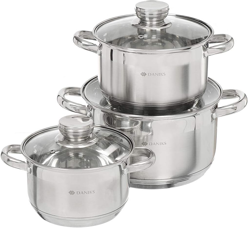 Daniks Standard Stainless Steel Kitchen Induction Pot Cookware Set | 6-Piece | Dishwasher Safe Pots | 2 Quart + 3 Quart + 4 Quart | Measuring Scale | Silver