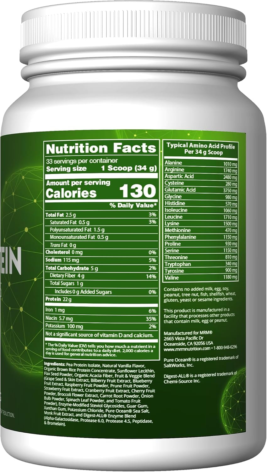 MRM Nutrition Veggie Protein with Superfoods | Vanilla Flavored | 22G Complete Protein | over 8.8G Essential Amino Acids | 13 Superfoods | with Omega 3S and Omega6S | Keto Friendly | 33 Servings