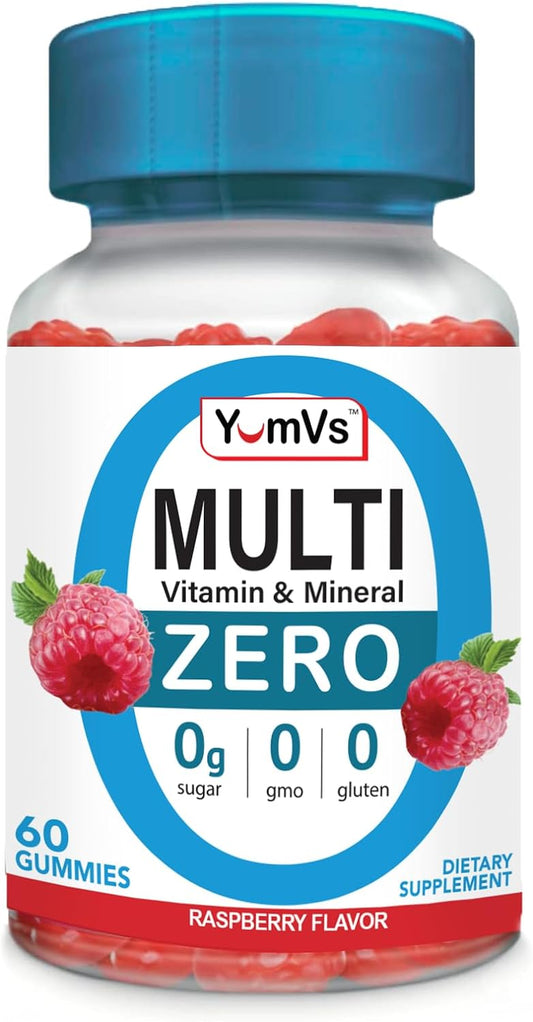 YUM-V'S Multivitamin Zero Gummies by Yumvs | Sugar-Free Vitamins Supplement for Women & Men | Chromium, Thiamine, and Magnesium | Natural Raspberry Flavor Chewables - 60 Count