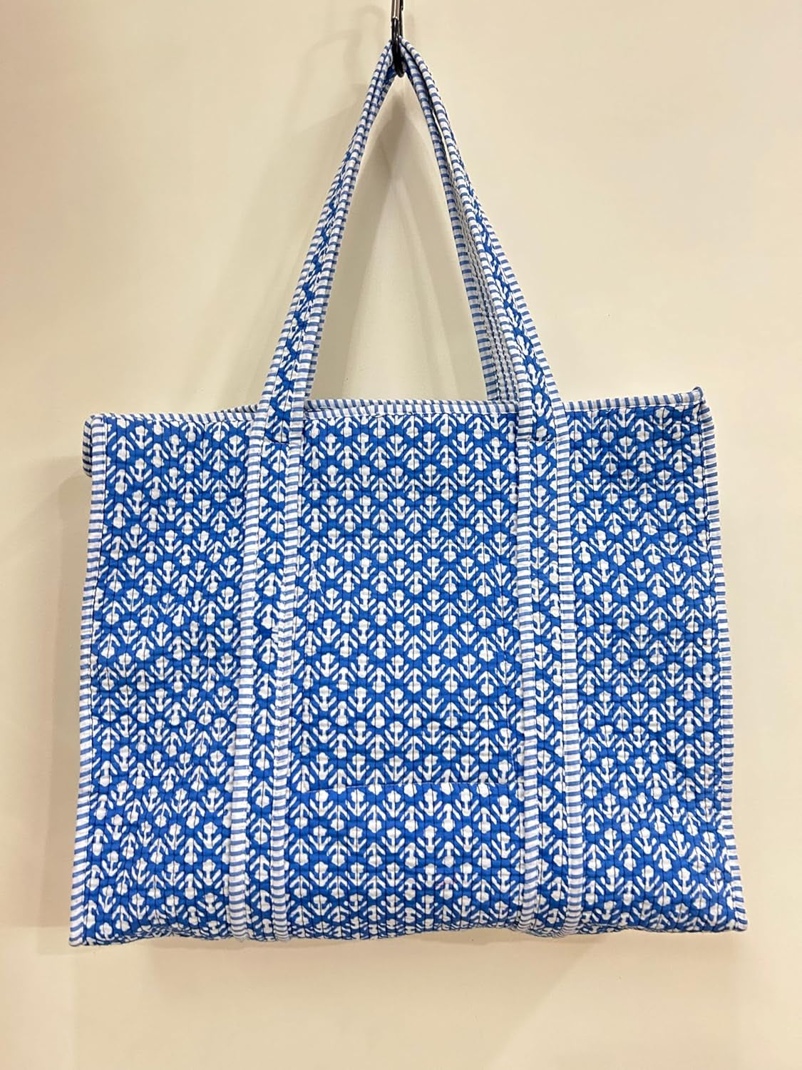 Cotton Quilted Tote Bag, Large Reversible Blue and White Print, Double Handle with Zipper