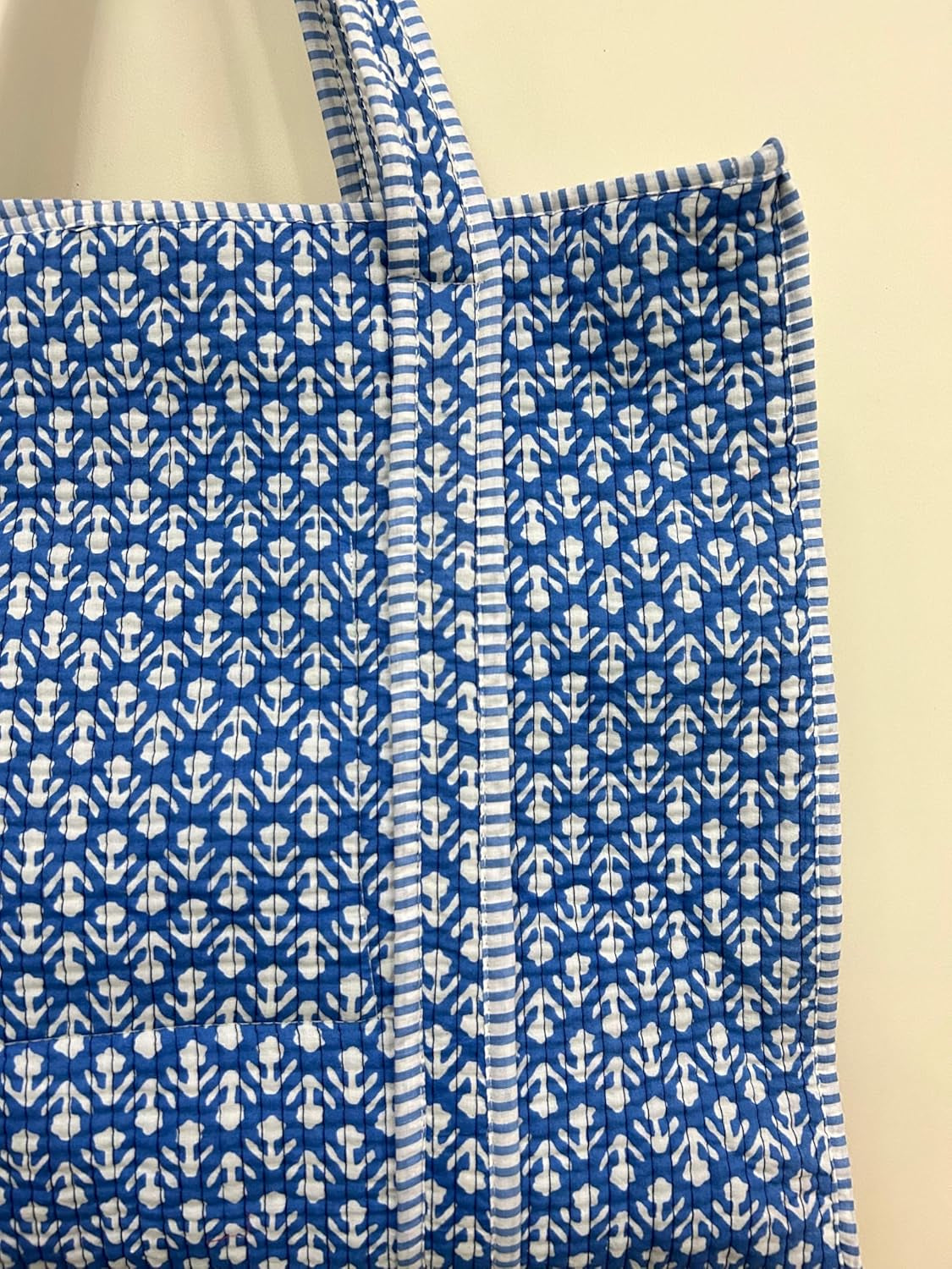 Cotton Quilted Tote Bag, Large Reversible Blue and White Print, Double Handle with Zipper