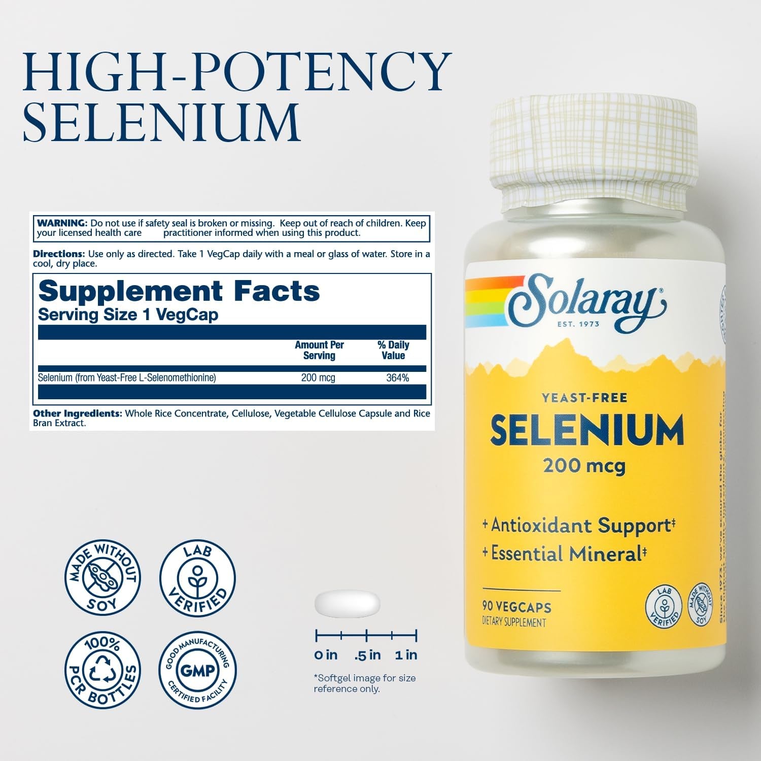 Solaray Yeast Free Selenium 200Mcg, Selenium Capsules for Healthy Thyroid Function & Immune Support, High Absorption Supplement, Vegan, 90 Servings, 90 Vegcaps