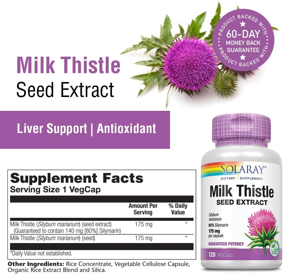 SOLARAY Milk Thistle Seed Extract 175Mg Antioxidant Intended to Help Support a Normal, Healthy Liver Non-Gmo & Vegan 120 Vegcaps