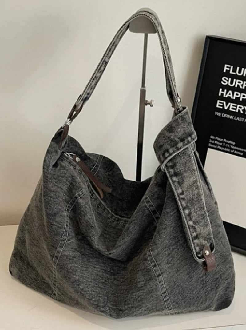 Denim Tote Bag for Women Large Slouchy Canvas Shoulder Bag with 2 Straps Blue Jean Hobo Purse Casual Crossbody Handbag