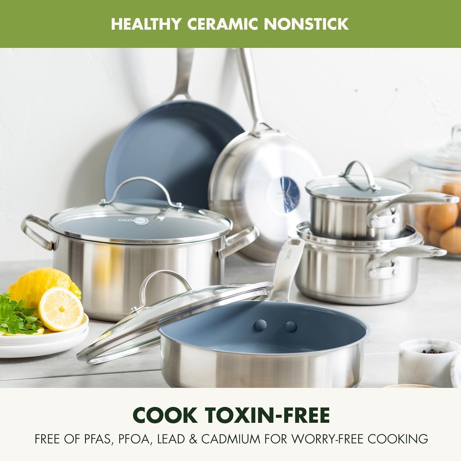 Greenpan Treviso Stainless Steel Healthy Ceramic Nonstick, 10 Piece Cookware Pots and Pans Set, Pfas-Free, Clad, Induction, Dishwasher Safe, Silver