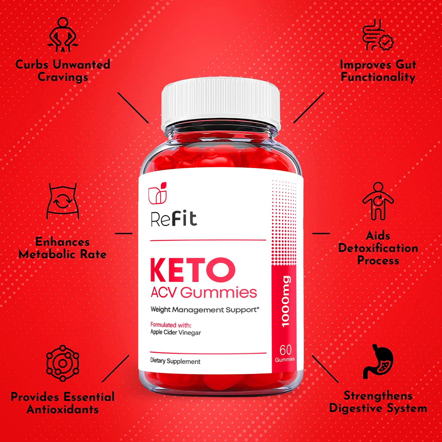 (1 Pack) Refit Keto Gummies - Refit ACV Keto Gummies Weight Loss, Vegan-60 Gums