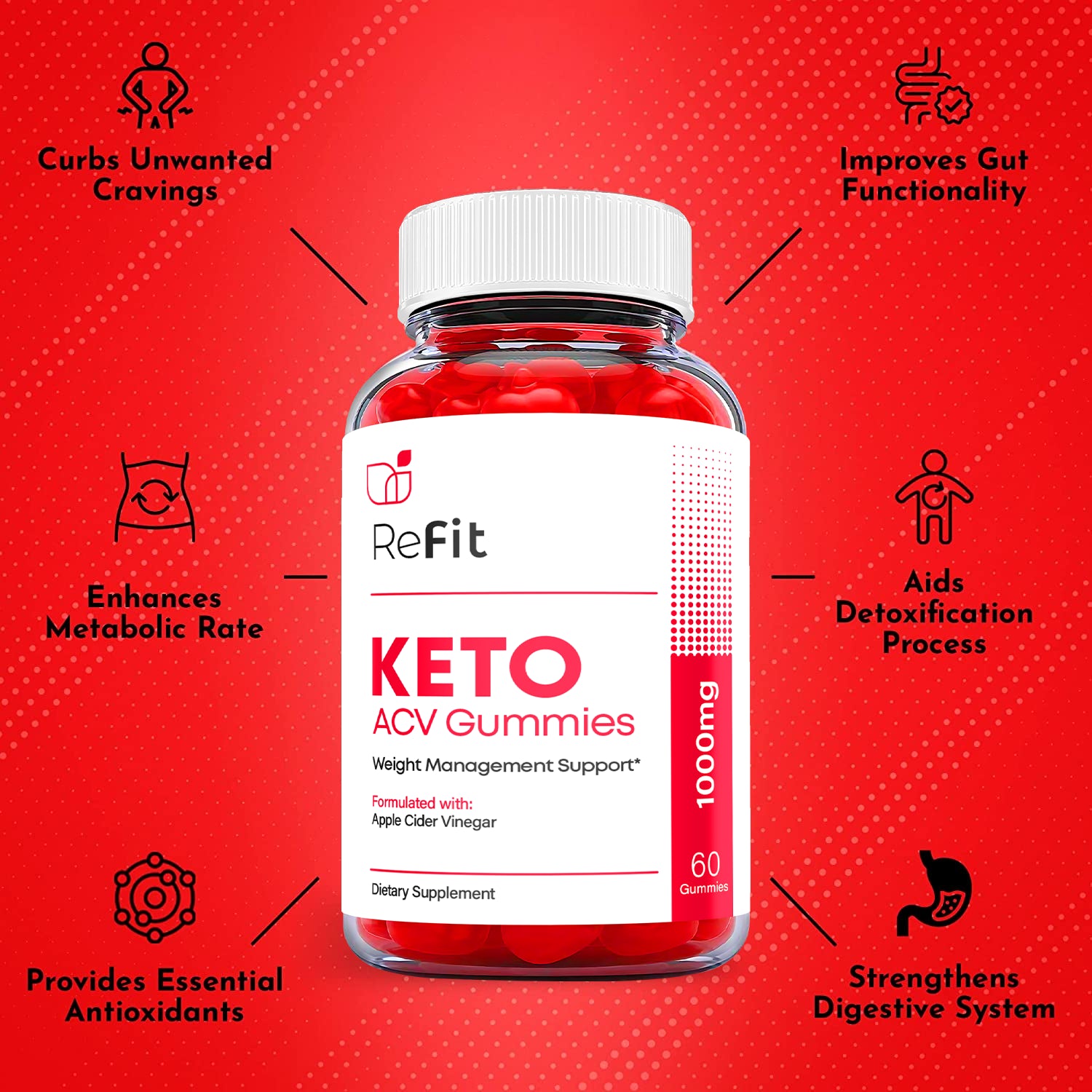 (1 Pack) Refit Keto Gummies - Refit ACV Keto Gummies Weight Loss, Vegan-60 Gums