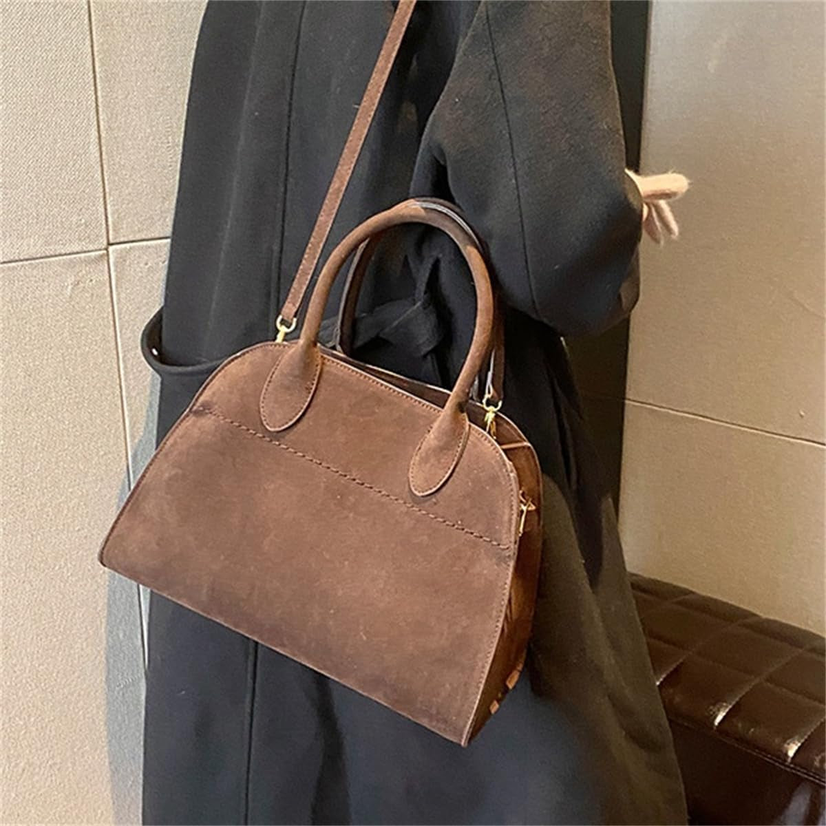Suede Vintage Tote Bag for Women,Large Capacity Fashion Retro Shoulder Satchel,Adjustable Strap Faux Leather Top Crossbody