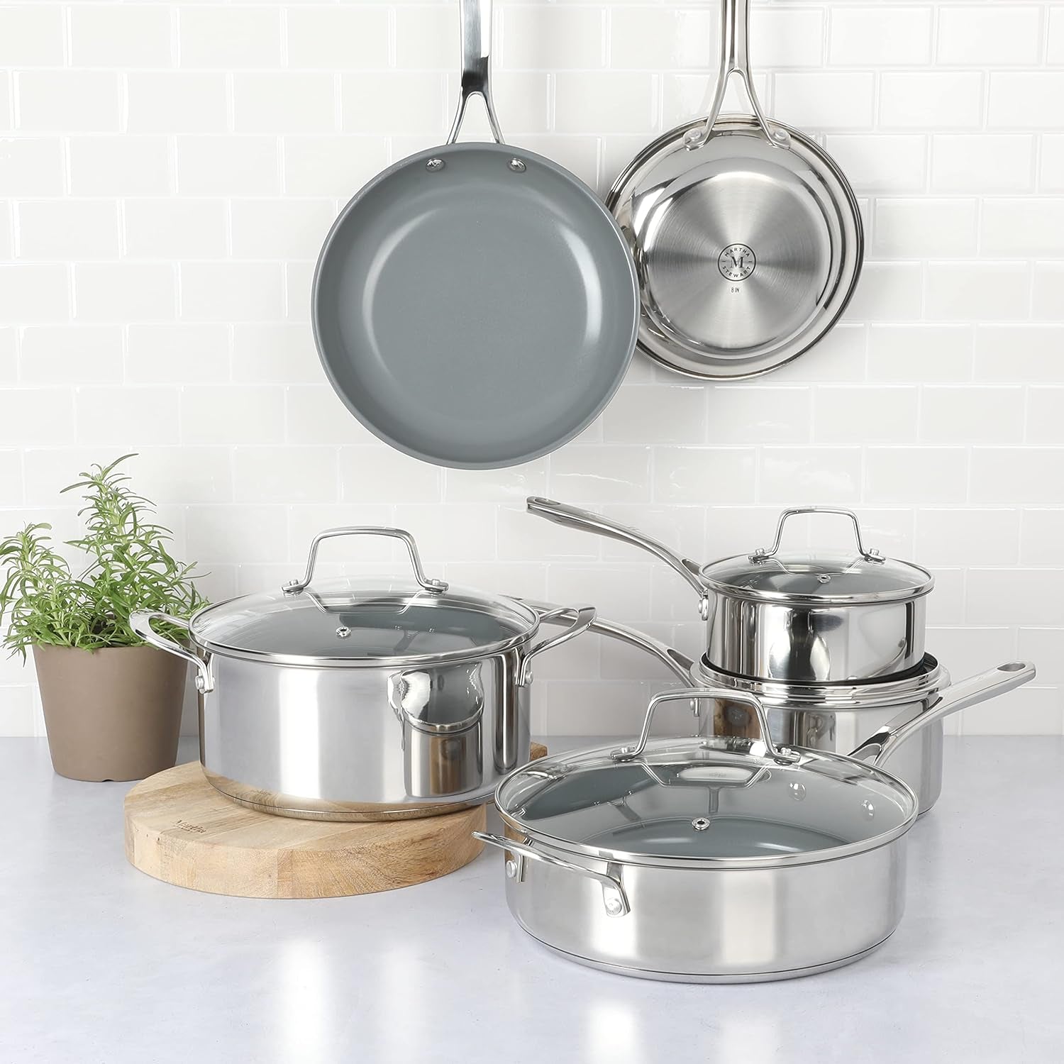 Martha Stewart Delaroux 10 Piece Stainless Steel Cookware Set W/Pfas Free Premium Nonstick Ceramic Interior