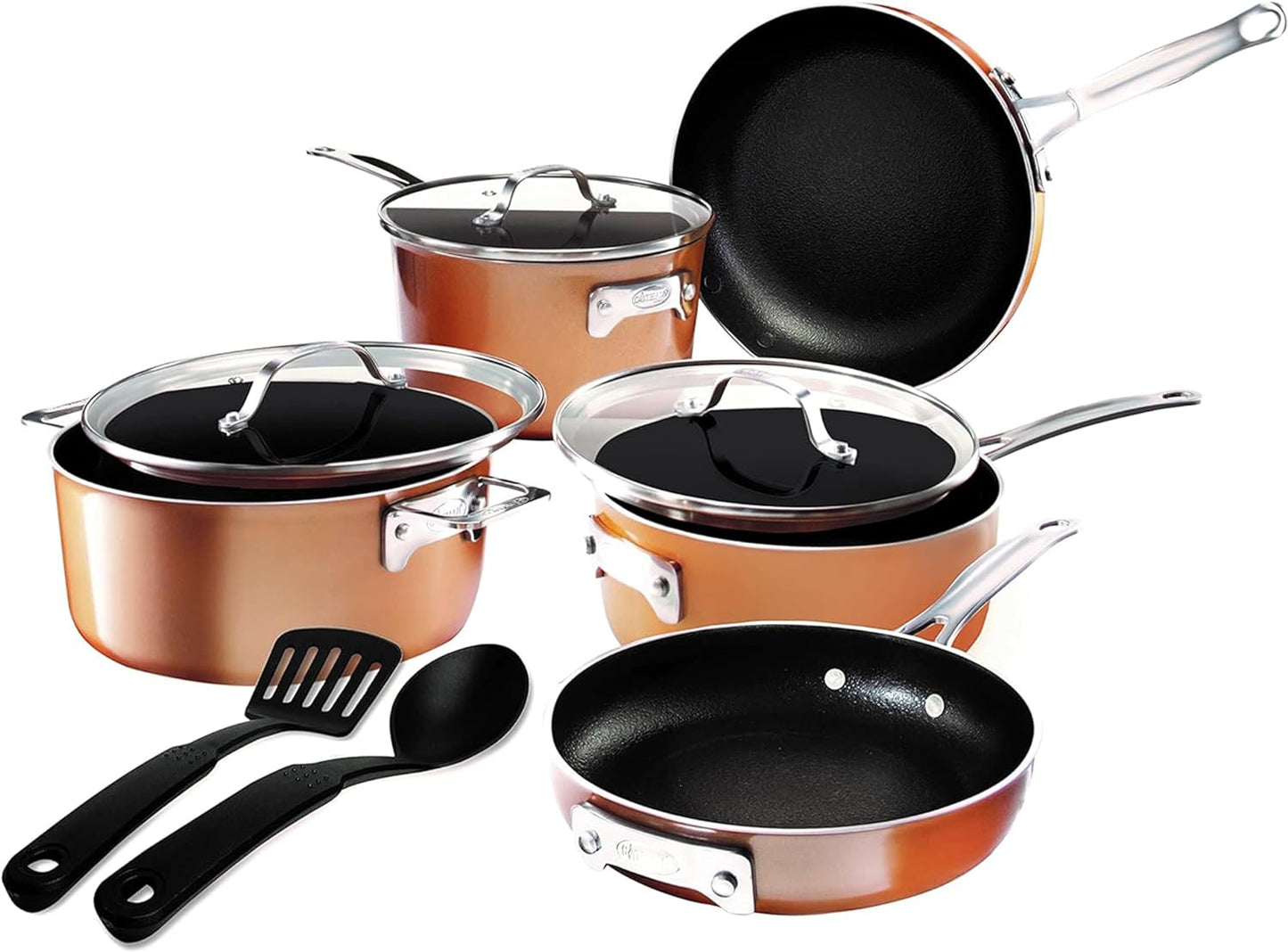 GOTHAM STEEL 10 Pc Copper Pots and Pans Set Non Stick, Kitchen Cookware Sets, Space Saving Non Stick Pots and Pan Set, Nonstick Cookware Set, Non Toxic Cookware Set, Pot Set, Dishwasher Safe