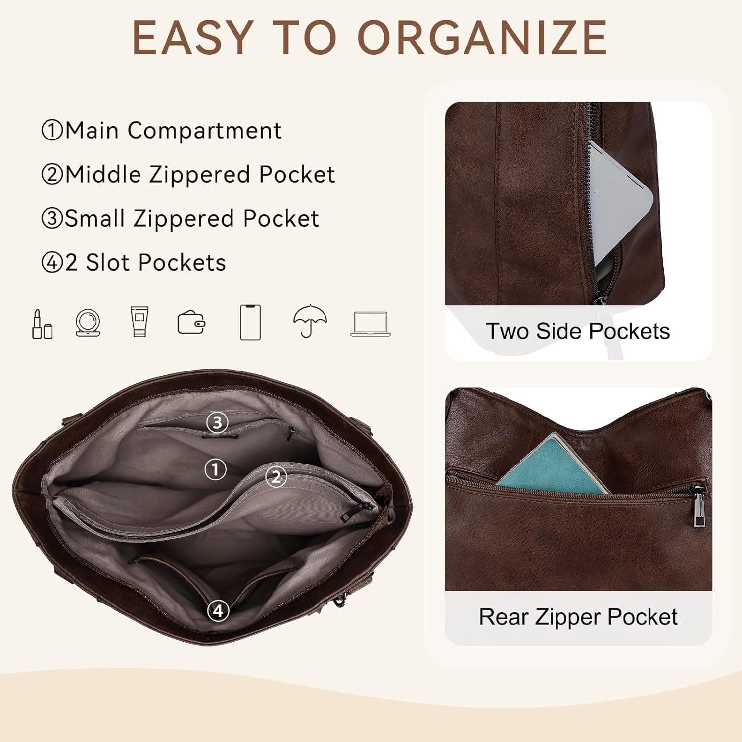 VASCHY Hobo Bag for Women, Leather Tote Bag Purse with Zipper Guitar Strap