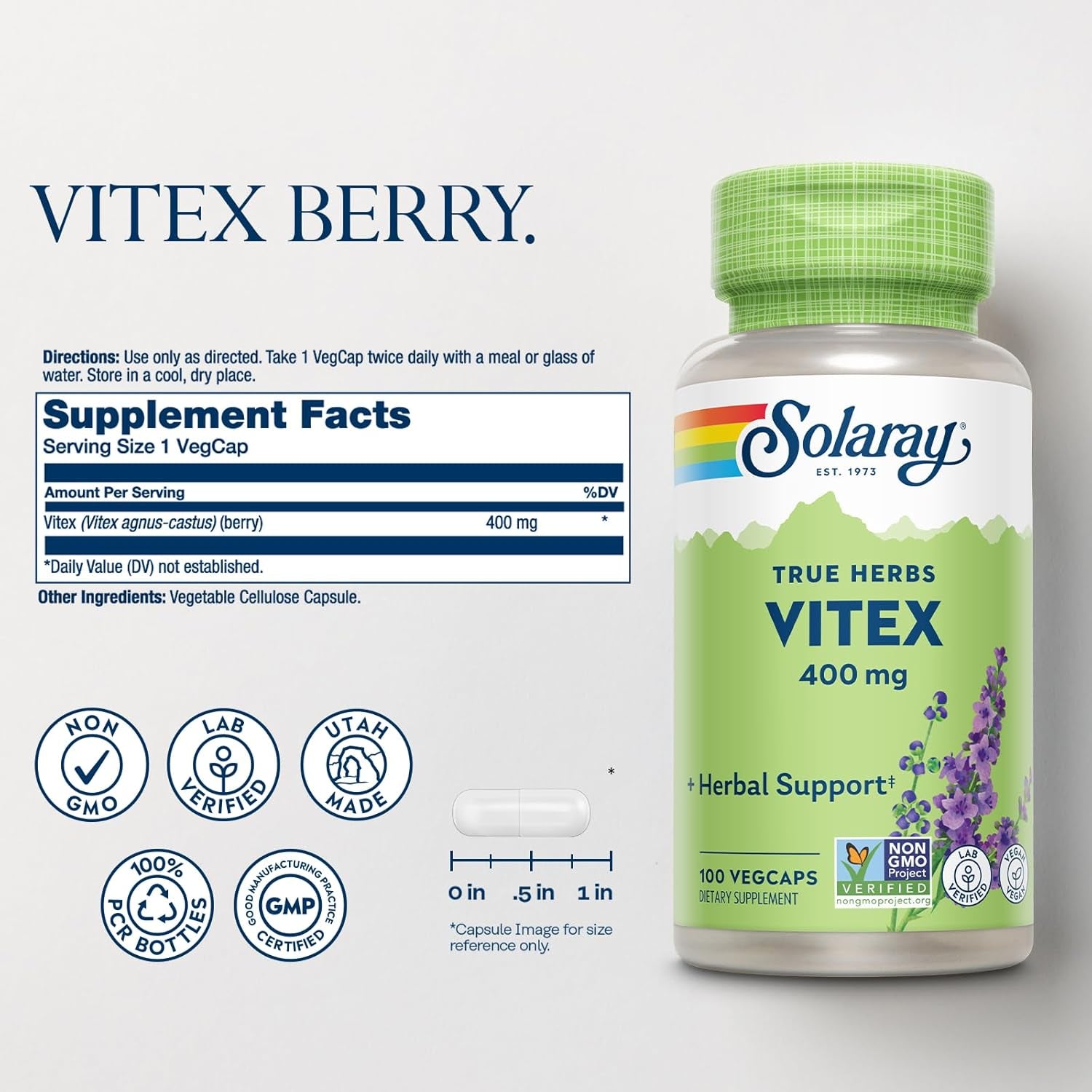 SOLARAY Vitex Berry 400Mg | Womens Healthy Hormone Balance Formula | Menstruation & Menopause Support, 100Ct