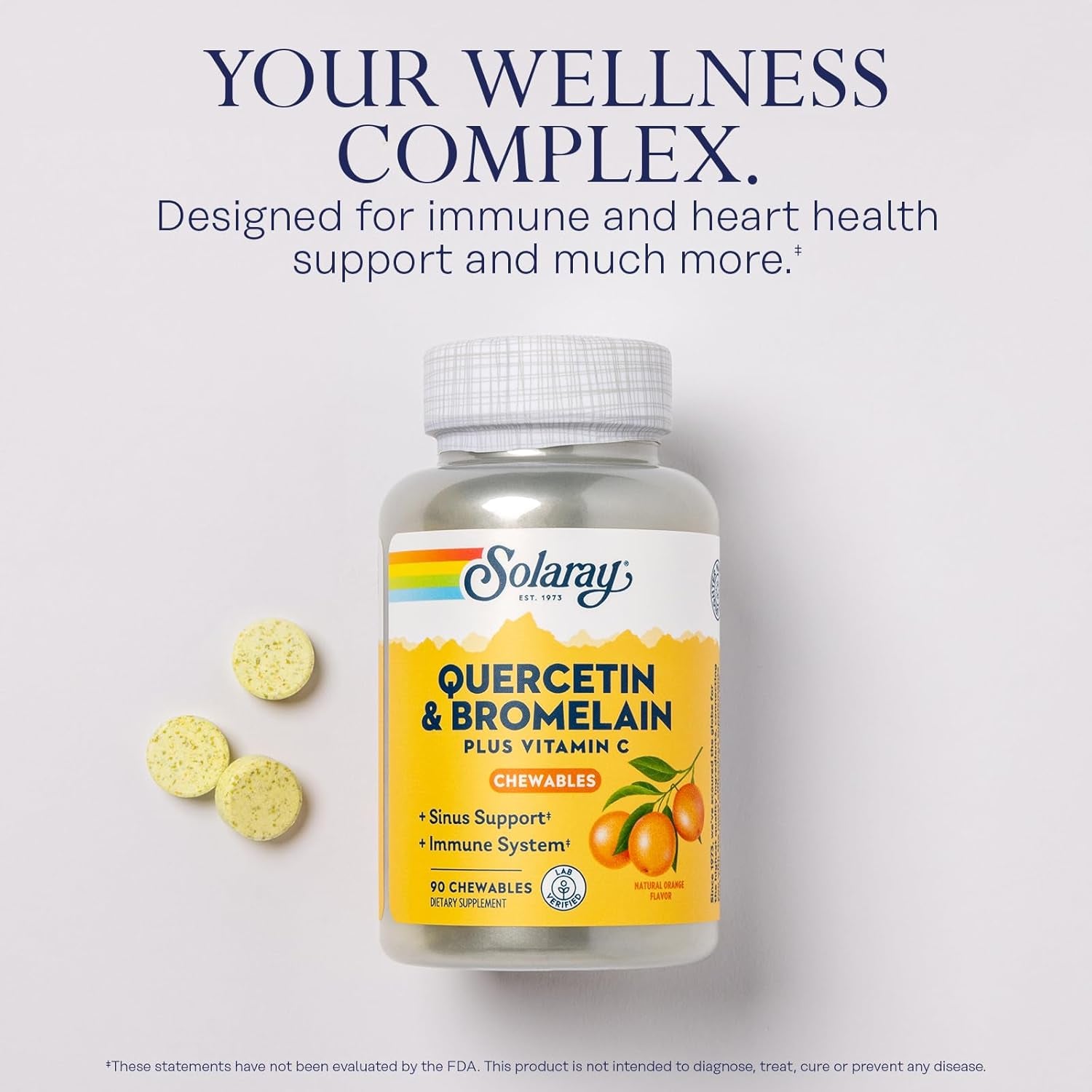 SOLARAY Quercetin with Bromelain and Vitamin C Chewables - Immune Support Supplement - Immune Defense and Heart Health Complex with 1250Mg Vit C, Natural Orange Flavor, 60-Day Guarantee, 30 Serv, 90Ct