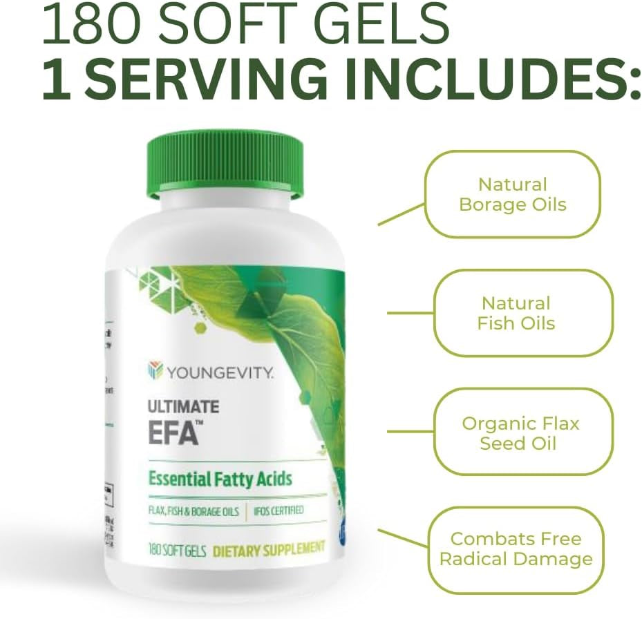 Youngevity Ultimate EFA - Organic Source of Essential Fatty Acids | Omega 3, 6, & 9 | Made from Borage, Flax & Fish Oil | 180 Count (180 Count (Pack of 1))