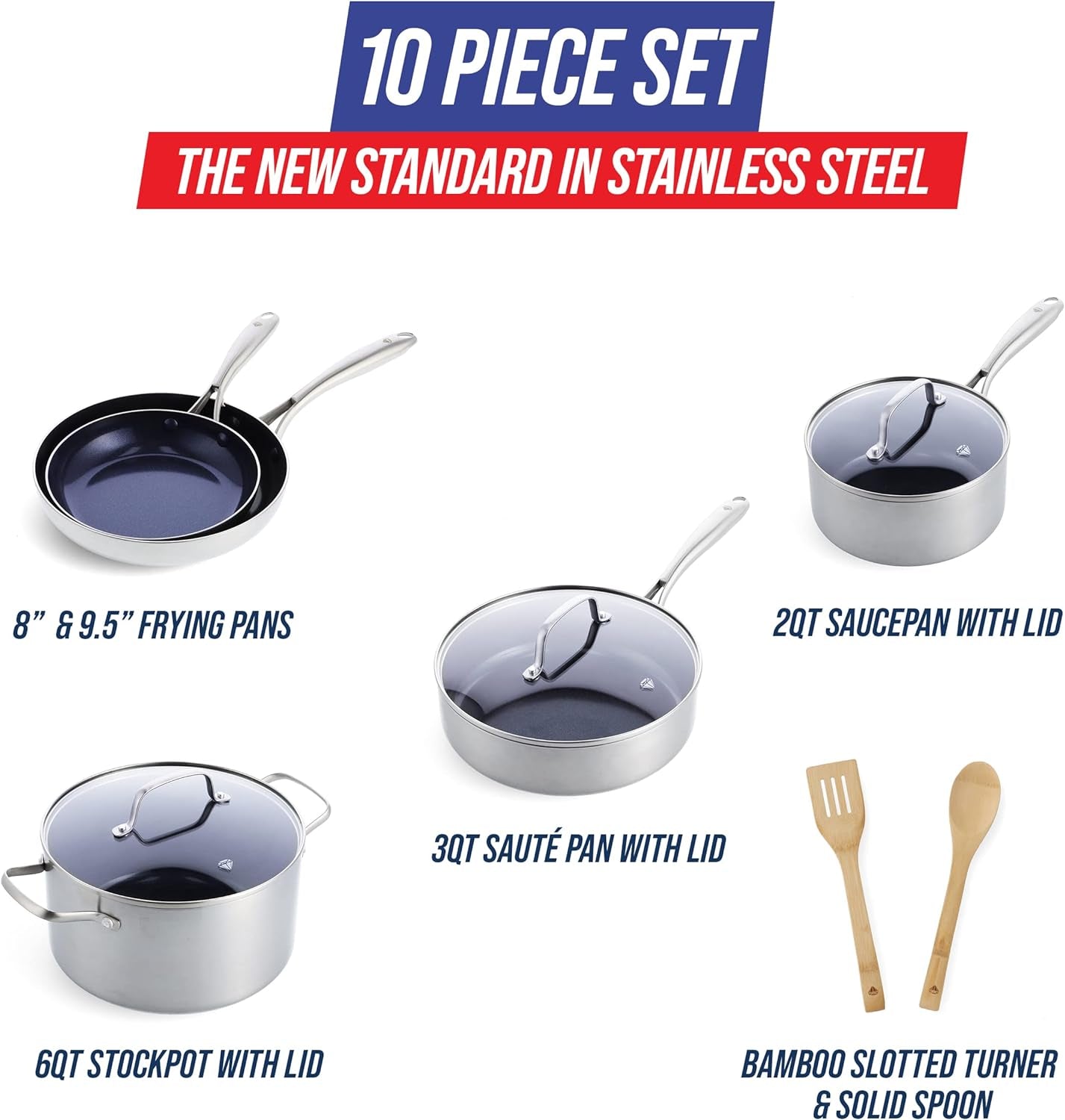 Blue Diamond HD Stainless Steel Clad Pro 10 Piece Cookware Pots and Pans Set, Diamond Infused Ceramic Nonstick, Pfas-Free, Dishwasher Safe, Oven and Broiler Safe, Silver