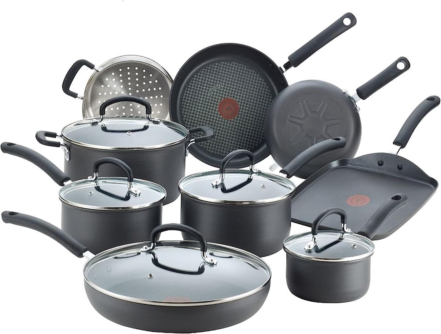 T-Fal Ultimate Hard Anodized Nonstick Cookware Set 14 Piece, Oven Broiler Safe 400F, Lid Safe 350F, Kitchen Cooking Set W/ Fry Pans, Saucepans, Griddle, Dutch Oven, Pots & Pans, Dishwasher Safe, Black